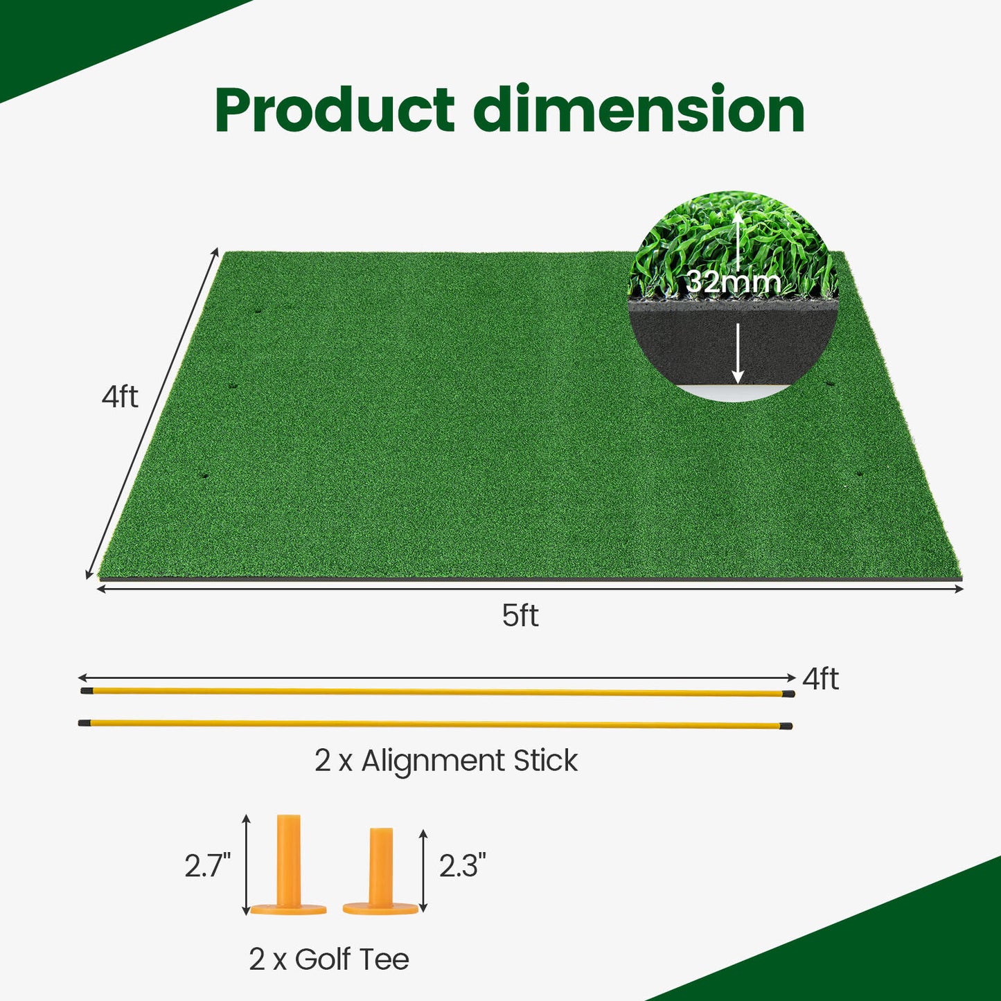 Artificial Turf Mat for Indoor and Outdoor Golf Practice Includes 2 Rubber Tees and 2 Alignment Sticks-32mm Kids Crystal
