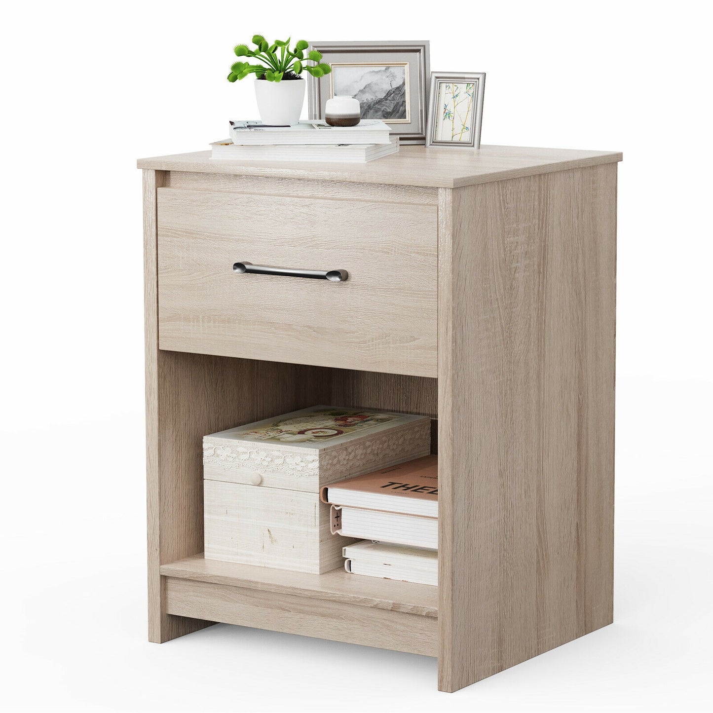 Wooden End Side Table Nightstand with Drawer Storage Shelf-Natural Kids Crystal