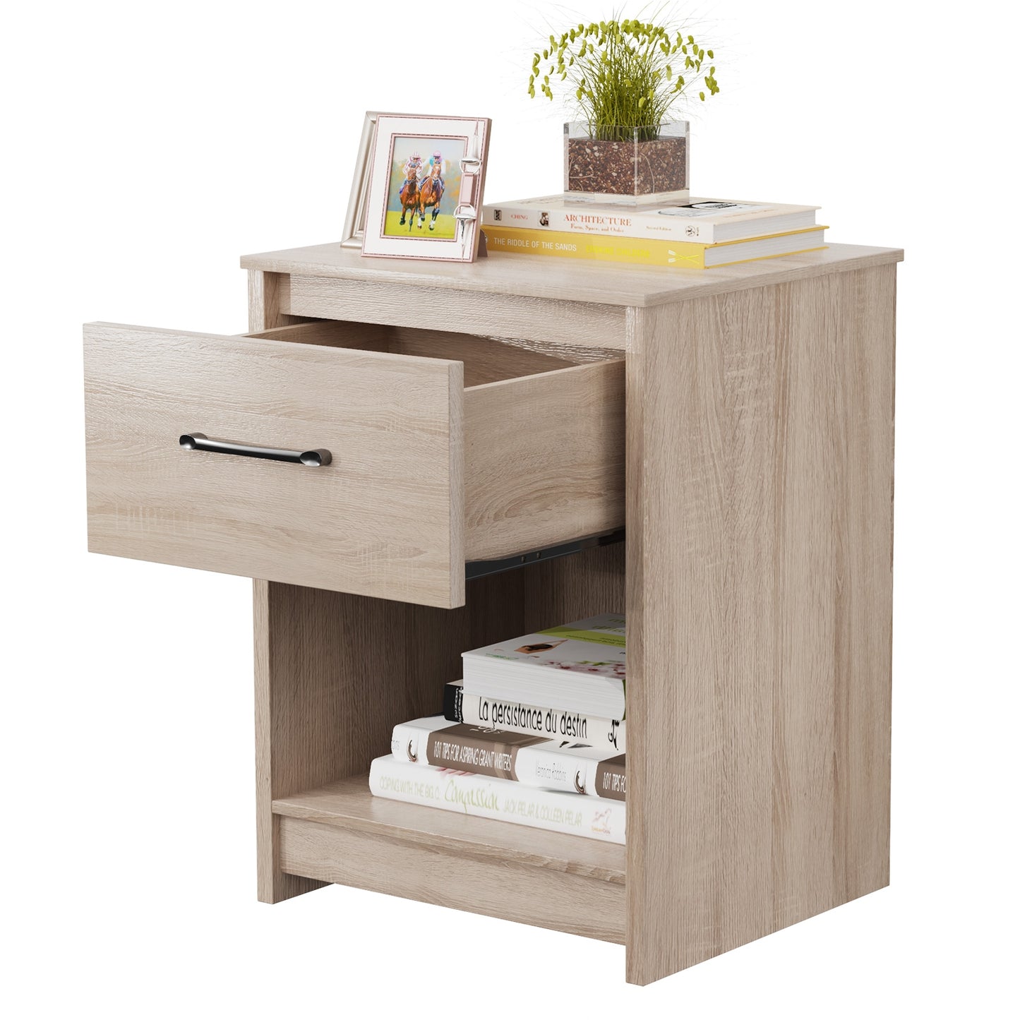 Wooden End Side Table Nightstand with Drawer Storage Shelf-Natural Kids Crystal