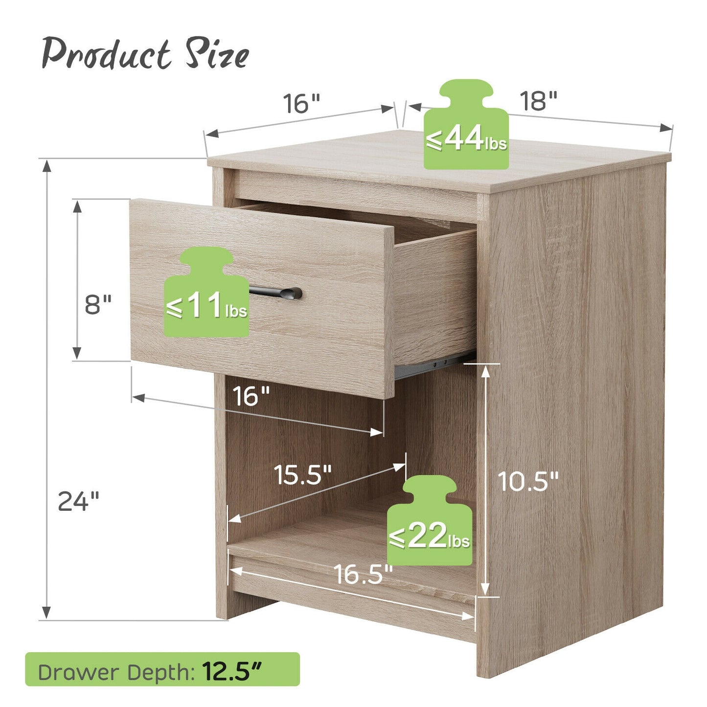 Wooden End Side Table Nightstand with Drawer Storage Shelf-Natural Kids Crystal