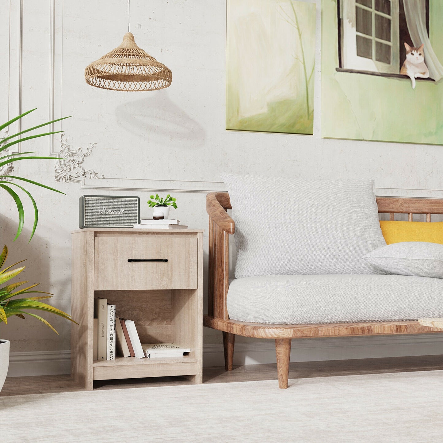 Wooden End Side Table Nightstand with Drawer Storage Shelf-Natural Kids Crystal