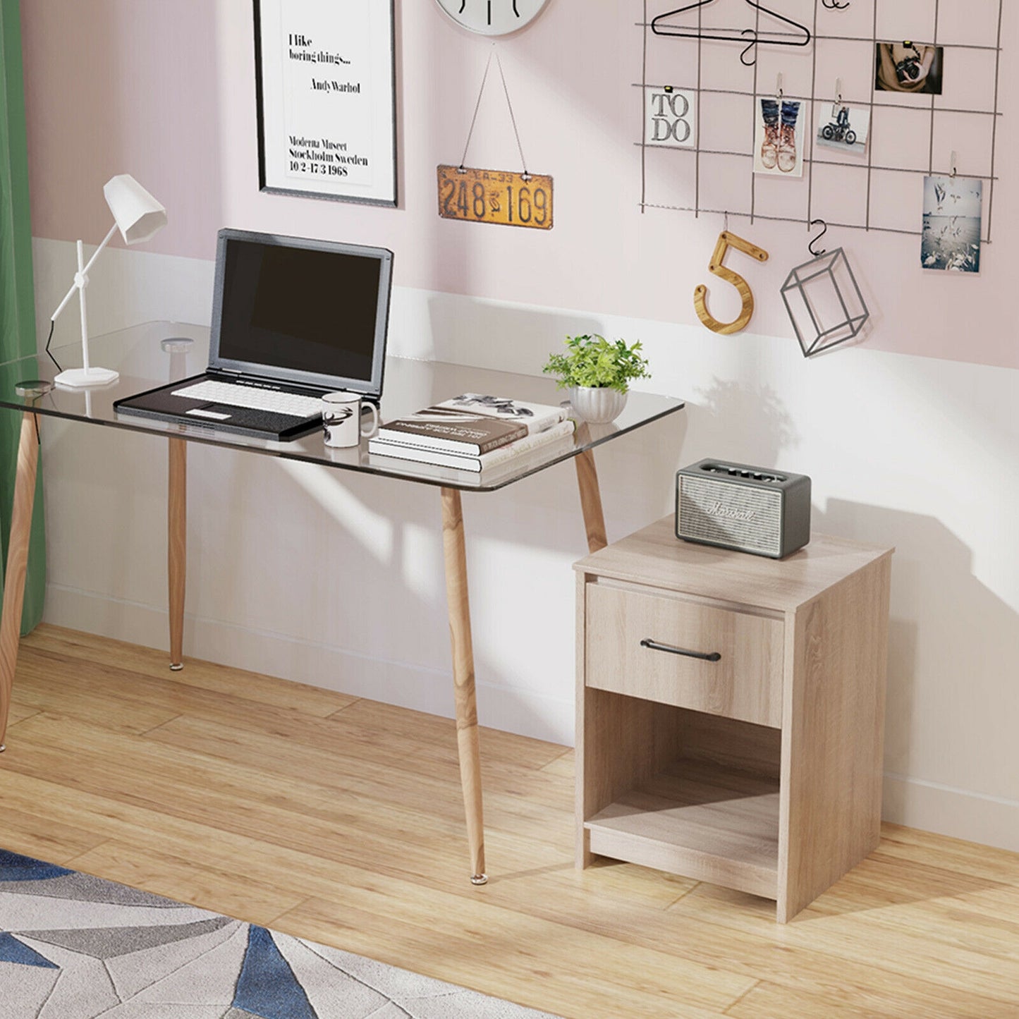 Wooden End Side Table Nightstand with Drawer Storage Shelf-Natural Kids Crystal