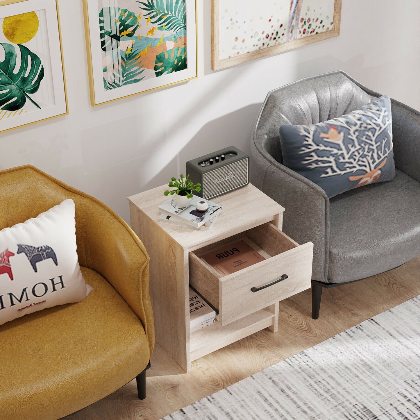 Wooden End Side Table Nightstand with Drawer Storage Shelf-Natural Kids Crystal