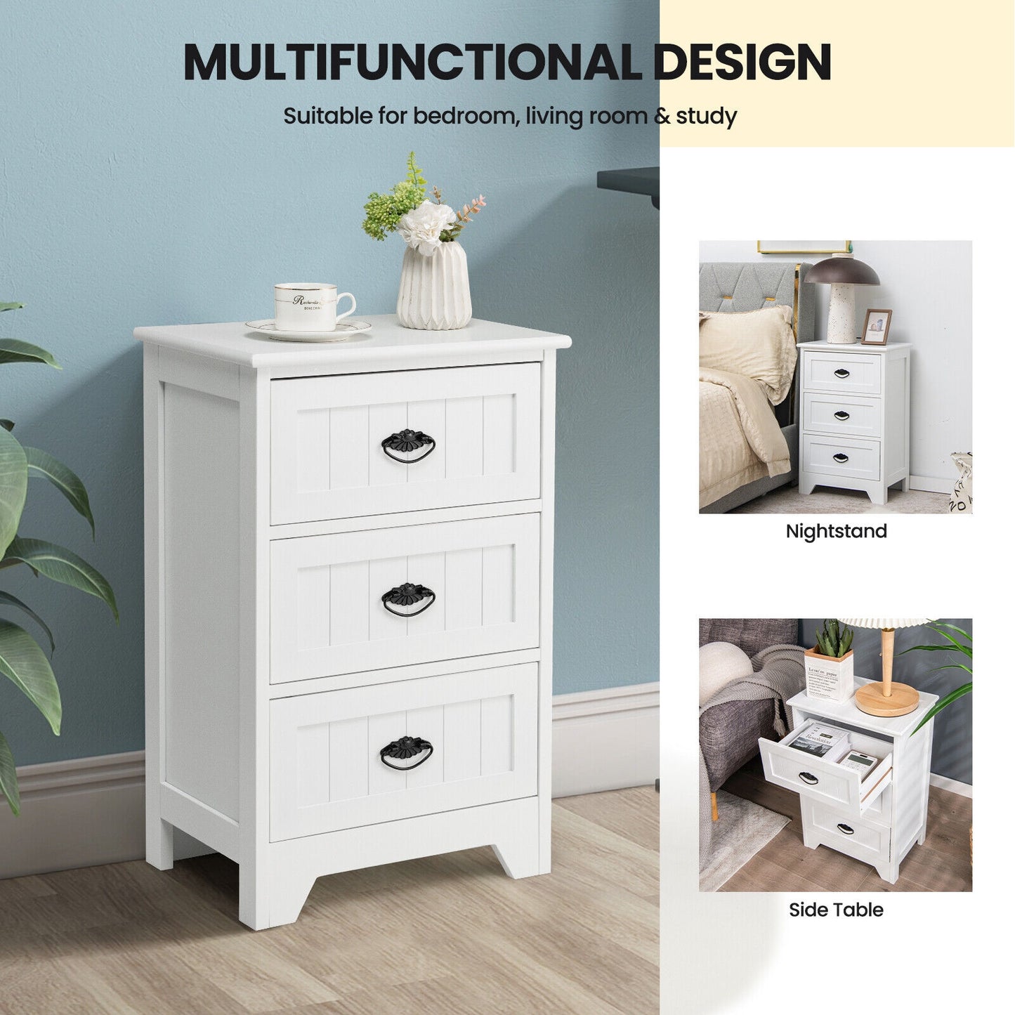 3-Drawer End Storage Wood Side Nightstand-White Kids Crystal
