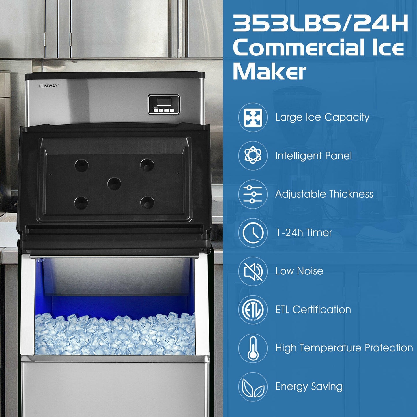 353LBS/24H Split Commercial Ice Maker with 198 LBS Storage Bin Kids Crystal