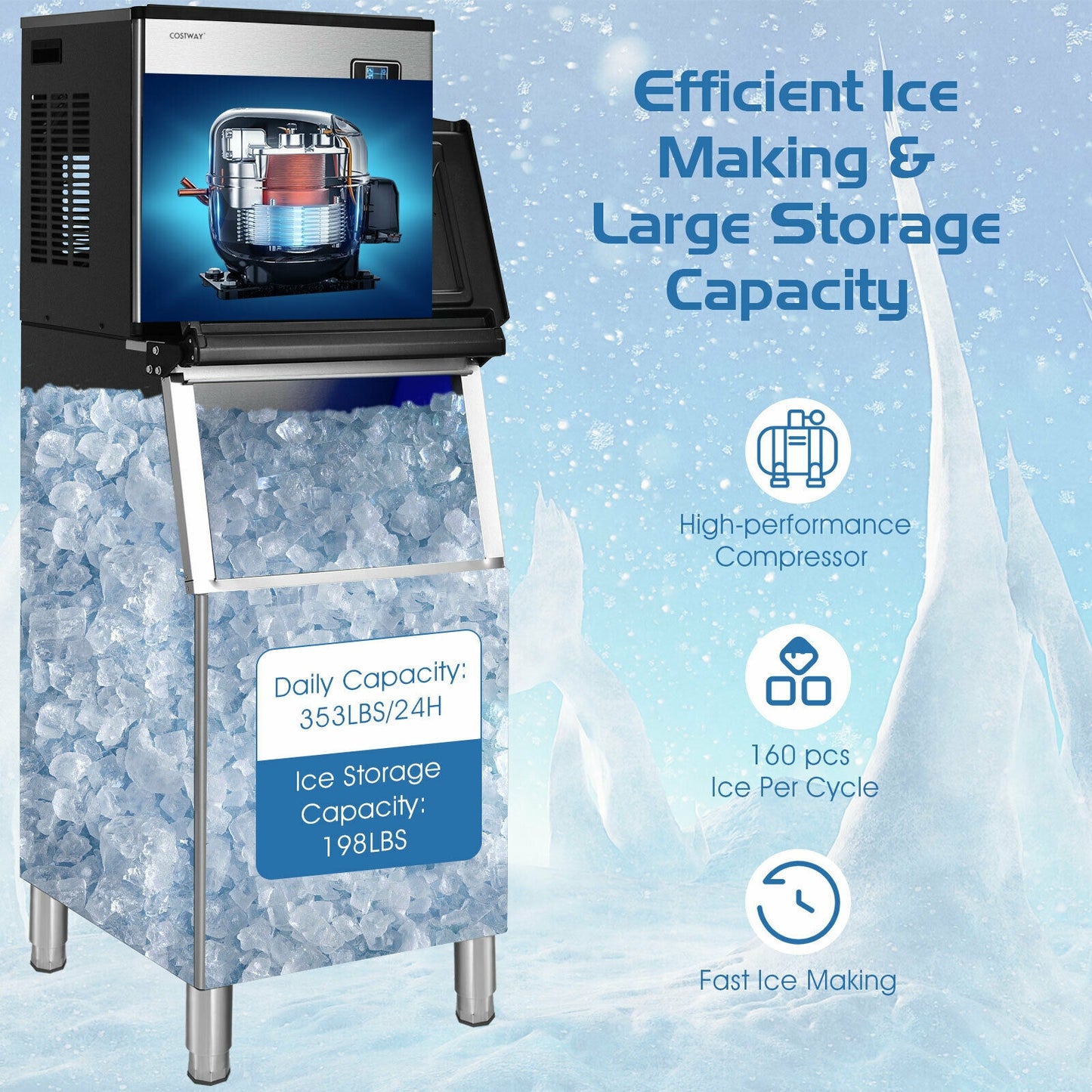 353LBS/24H Split Commercial Ice Maker with 198 LBS Storage Bin Kids Crystal