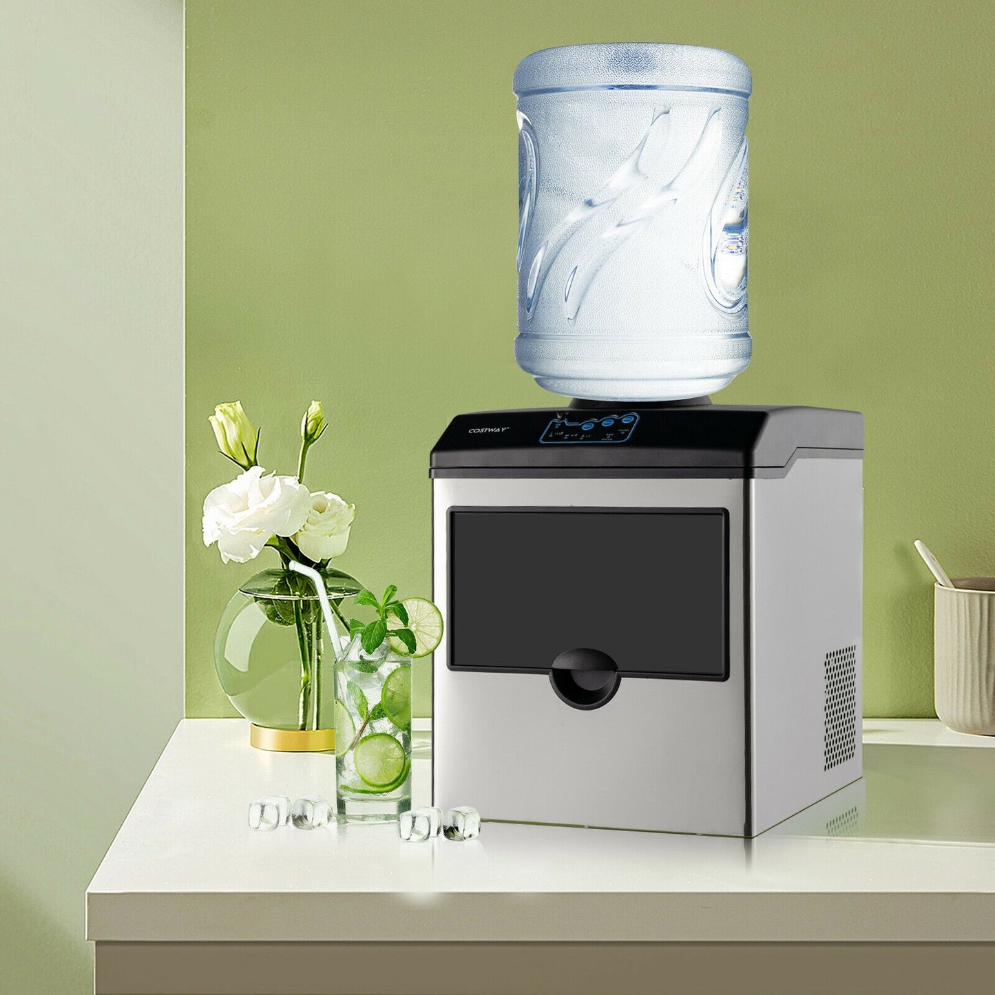 2-in-1 Stainless Steel Countertop Ice Maker with Water Dispenser Kids Crystal