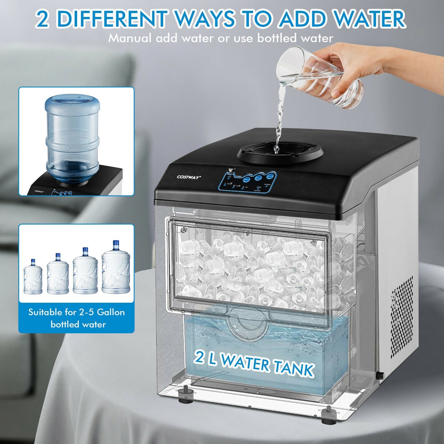 2-in-1 Stainless Steel Countertop Ice Maker with Water Dispenser Kids Crystal