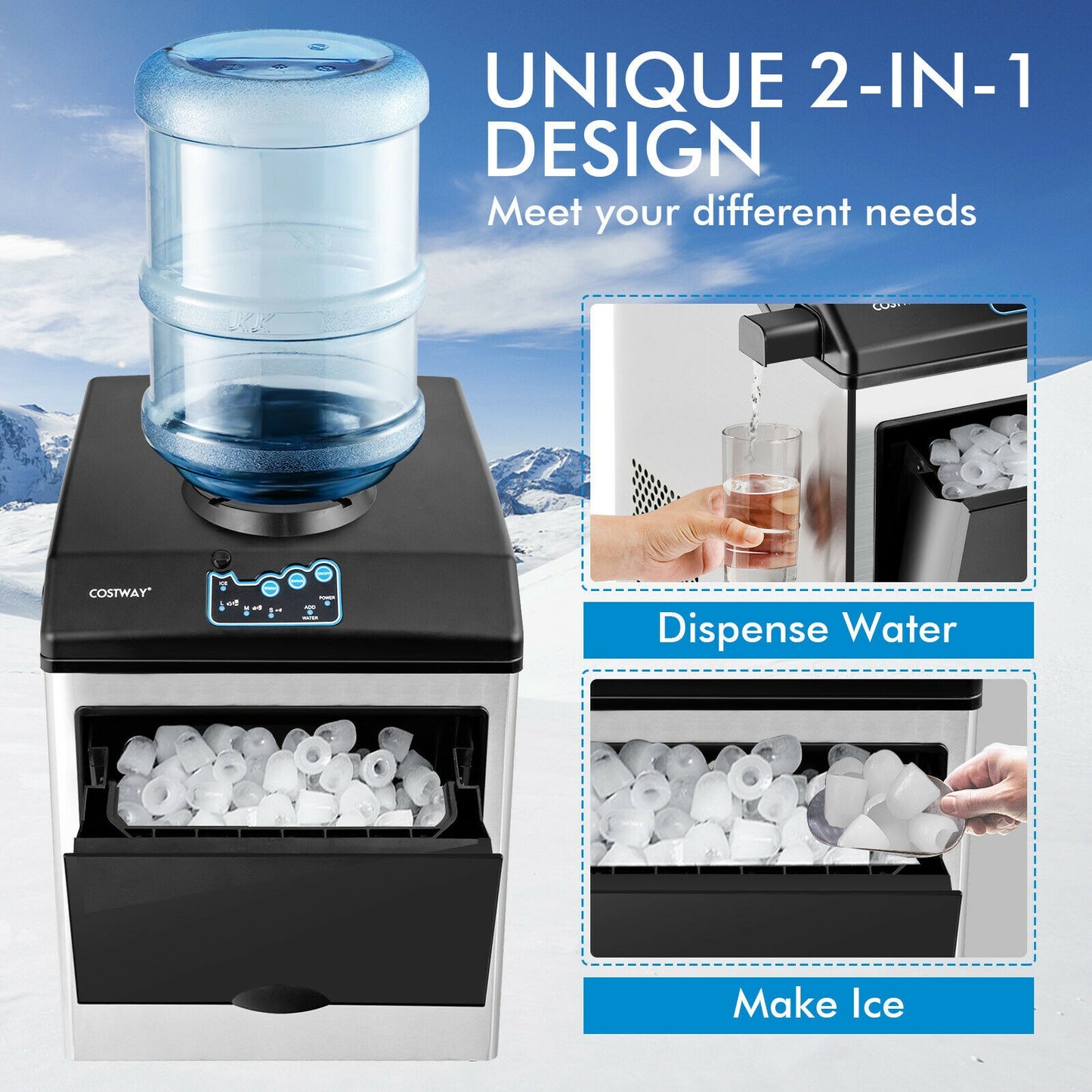 2-in-1 Stainless Steel Countertop Ice Maker with Water Dispenser Kids Crystal