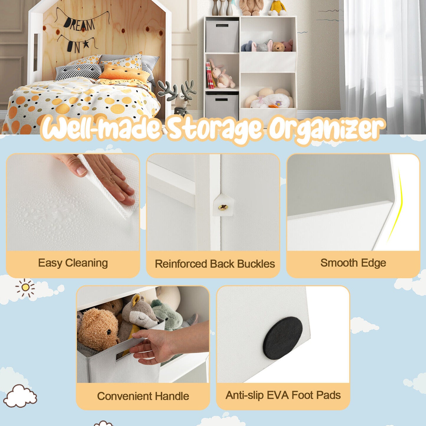 White Kids Toy Storage Cabinet Shelf Organizer Kids Crystal