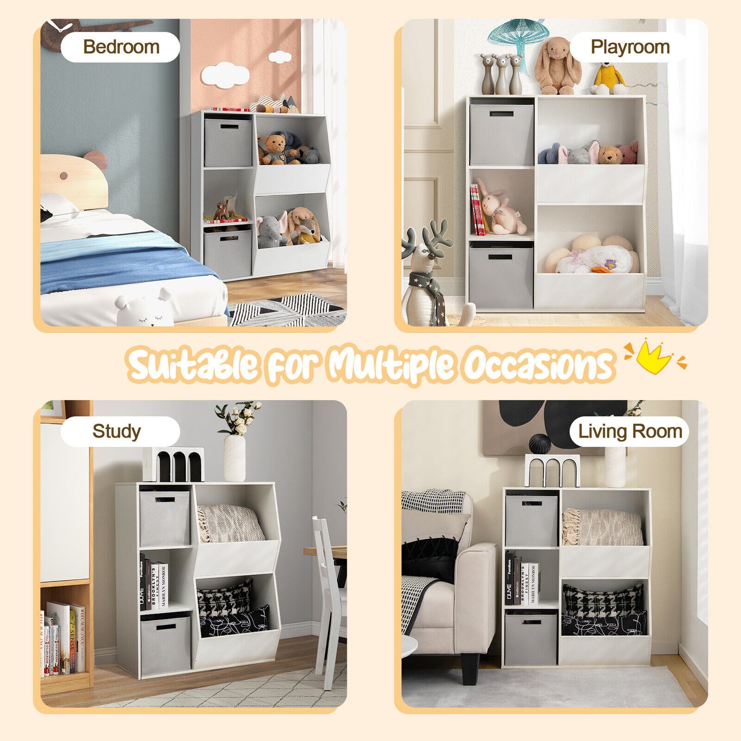 White Kids Toy Storage Cabinet Shelf Organizer Kids Crystal