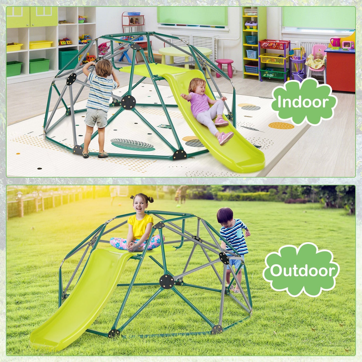 Kids Climbing Dome with Slide and Fabric Cushion for Garden Yard-Green Kids Crystal