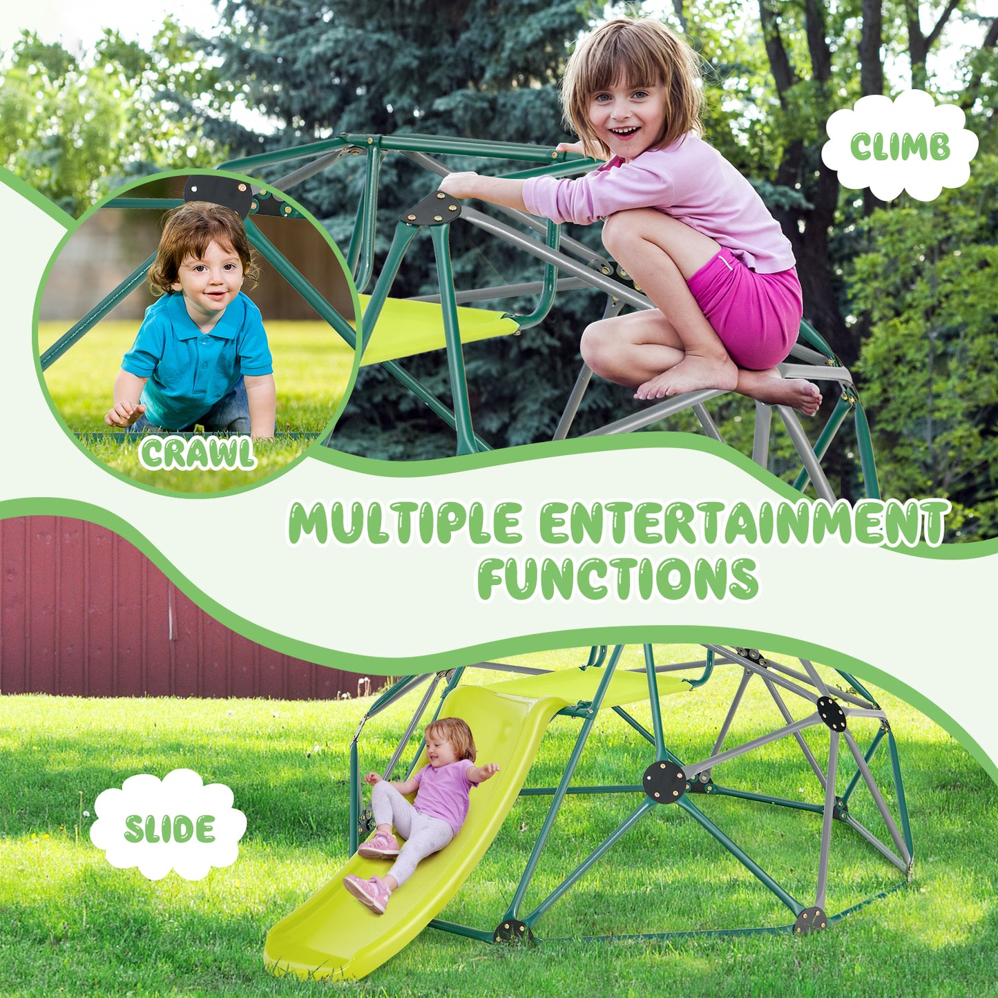 Kids Climbing Dome with Slide and Fabric Cushion for Garden Yard-Green Kids Crystal