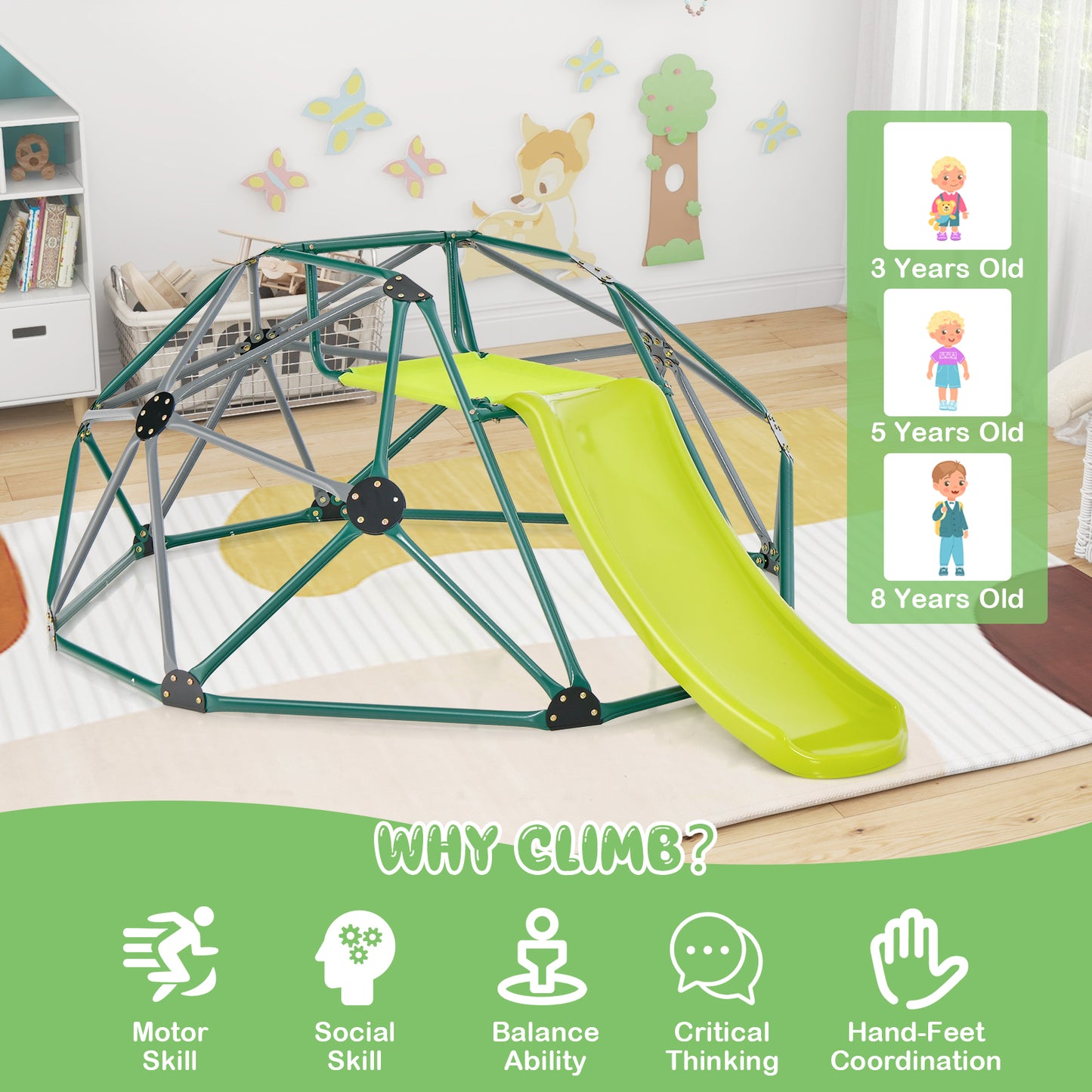 Kids Climbing Dome with Slide and Fabric Cushion for Garden Yard-Green Kids Crystal
