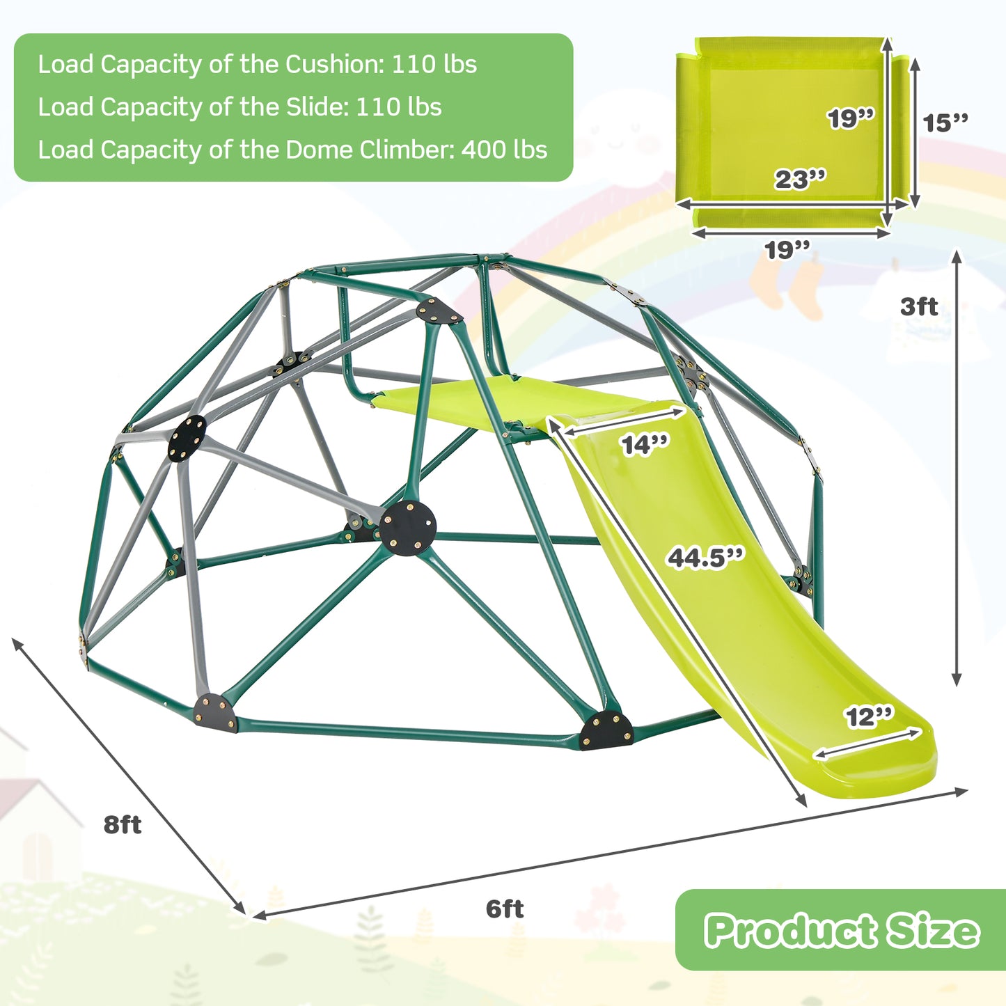 Kids Climbing Dome with Slide and Fabric Cushion for Garden Yard-Green Kids Crystal