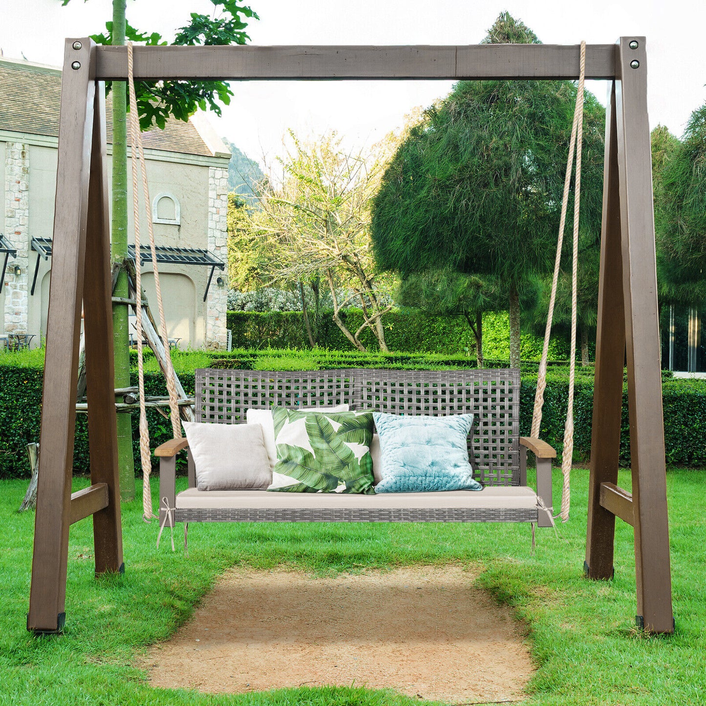 2-Person Patio Wicker Hanging Swing Chair-Off White Kids Crystal