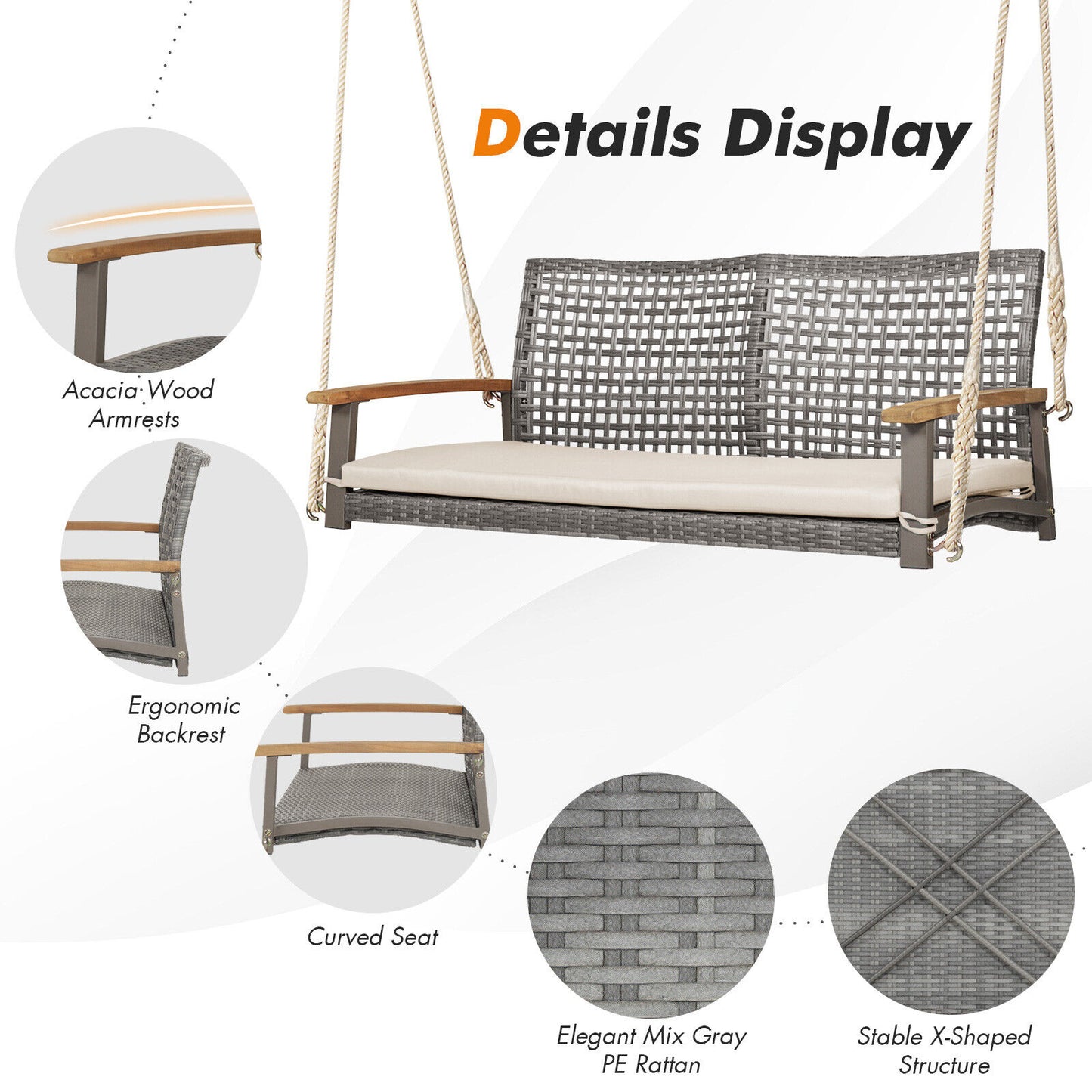 2-Person Patio Wicker Hanging Swing Chair-Off White Kids Crystal