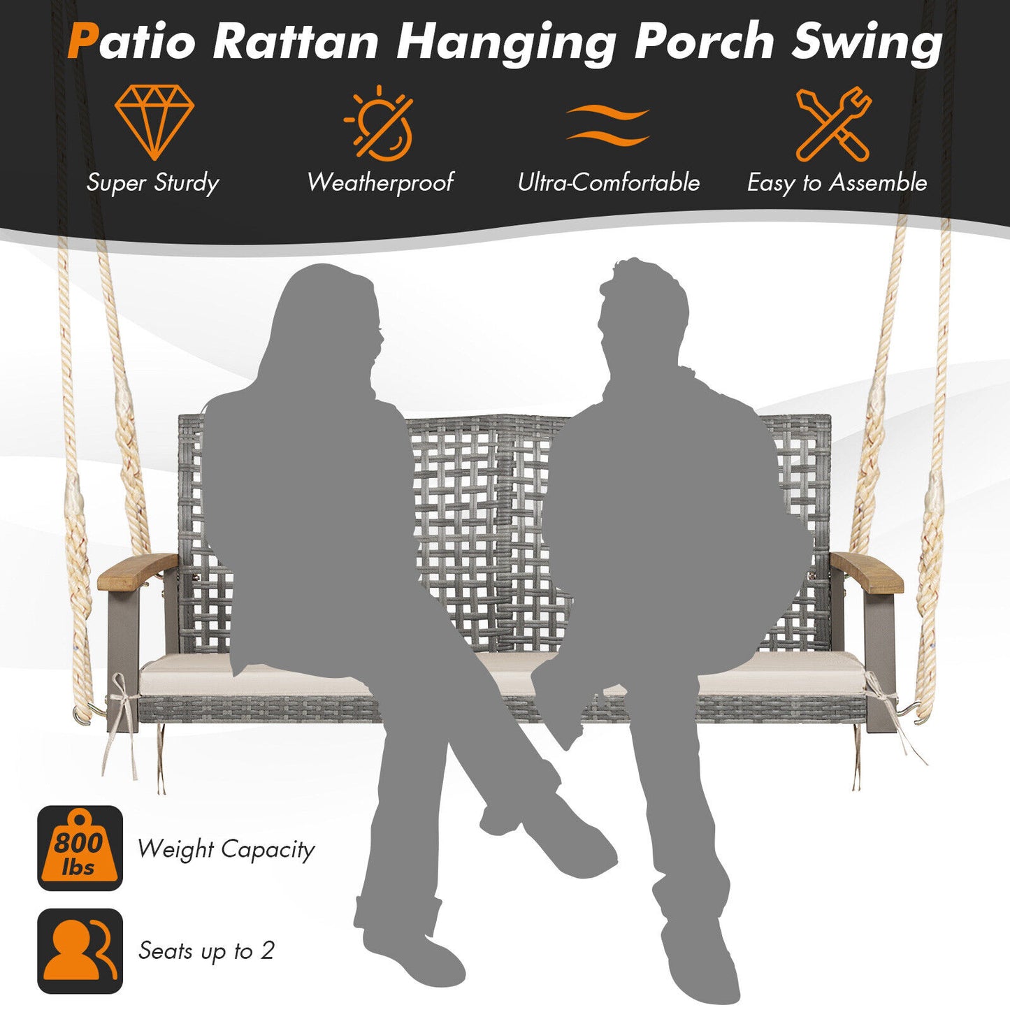 2-Person Patio Wicker Hanging Swing Chair-Off White Kids Crystal