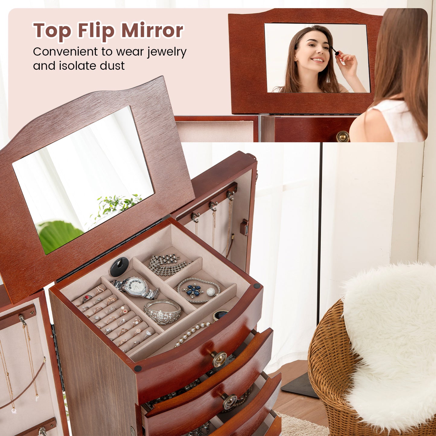 Large Wooden Jewelry Storage Box Organizer Kids Crystal