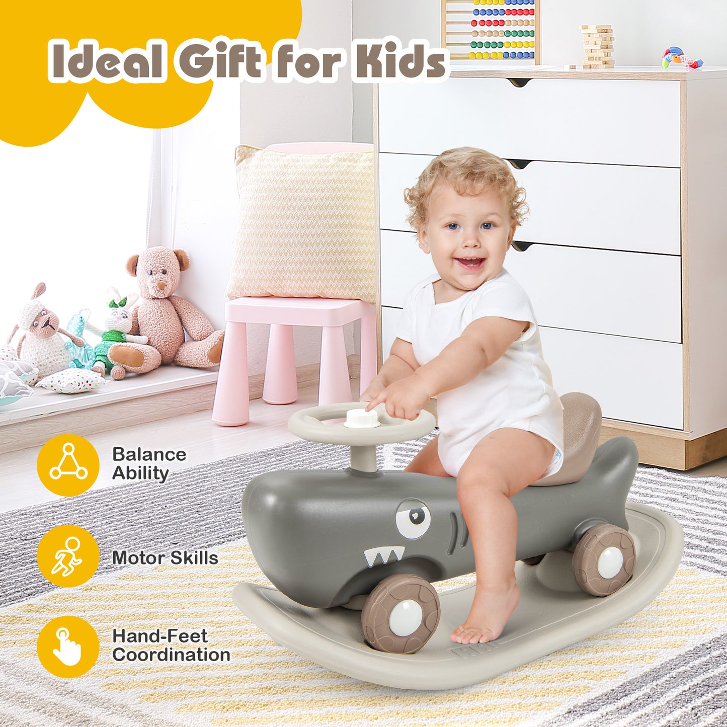 Convertible Rocking Horse and Sliding Car with Detachable Balance Board-Dark Gray Kids Crystal