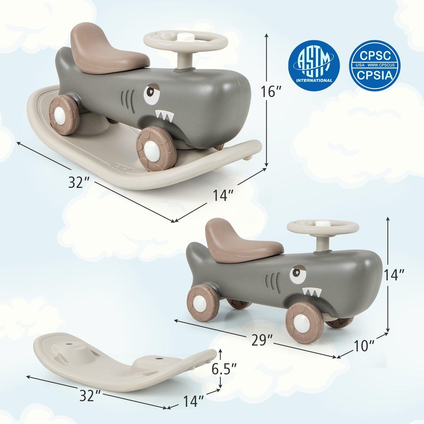 Convertible Rocking Horse and Sliding Car with Detachable Balance Board-Dark Gray Kids Crystal