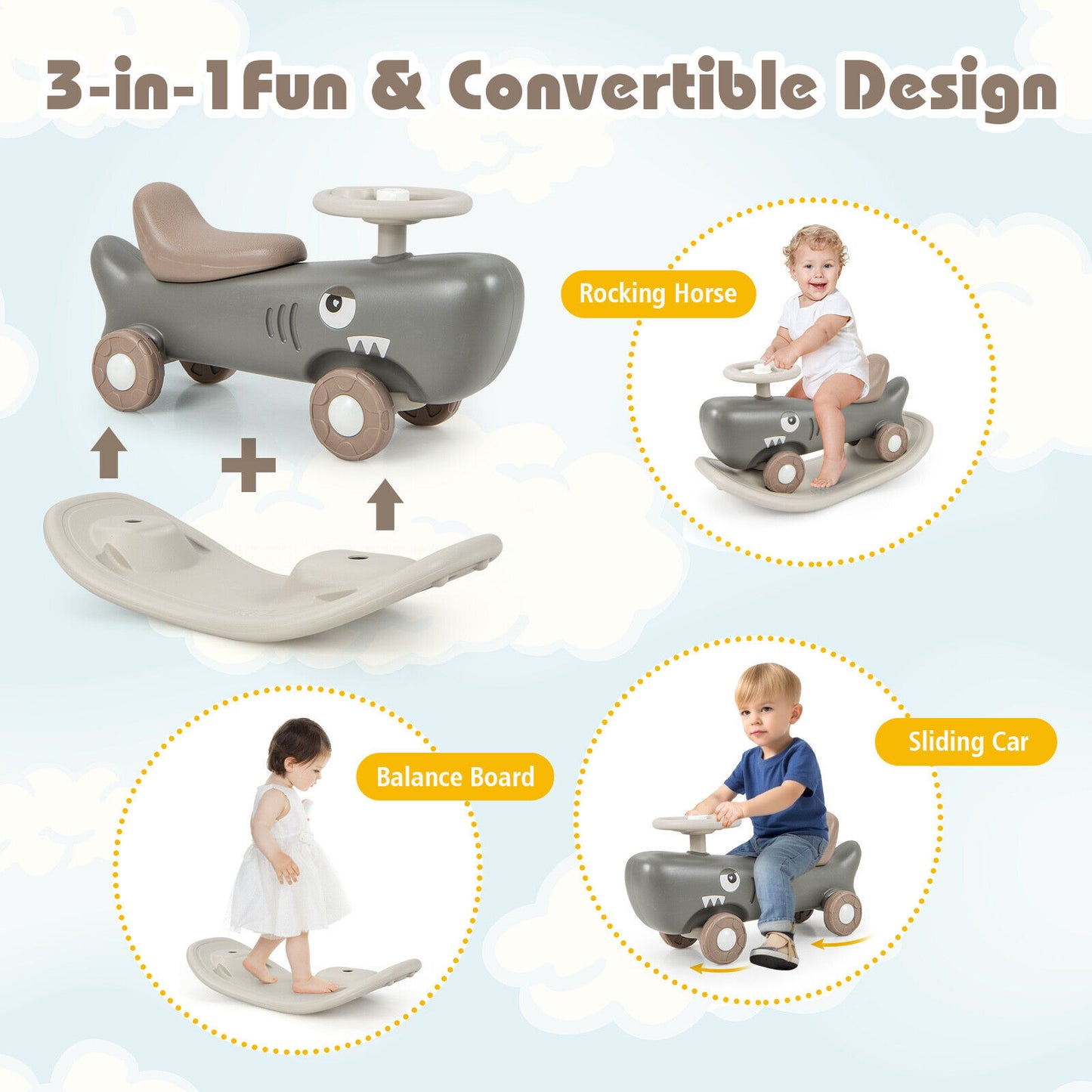 Convertible Rocking Horse and Sliding Car with Detachable Balance Board-Dark Gray Kids Crystal