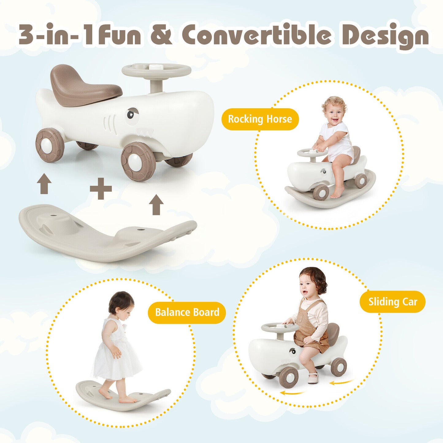 Convertible Rocking Horse and Sliding Car with Detachable Balance Board-White Kids Crystal