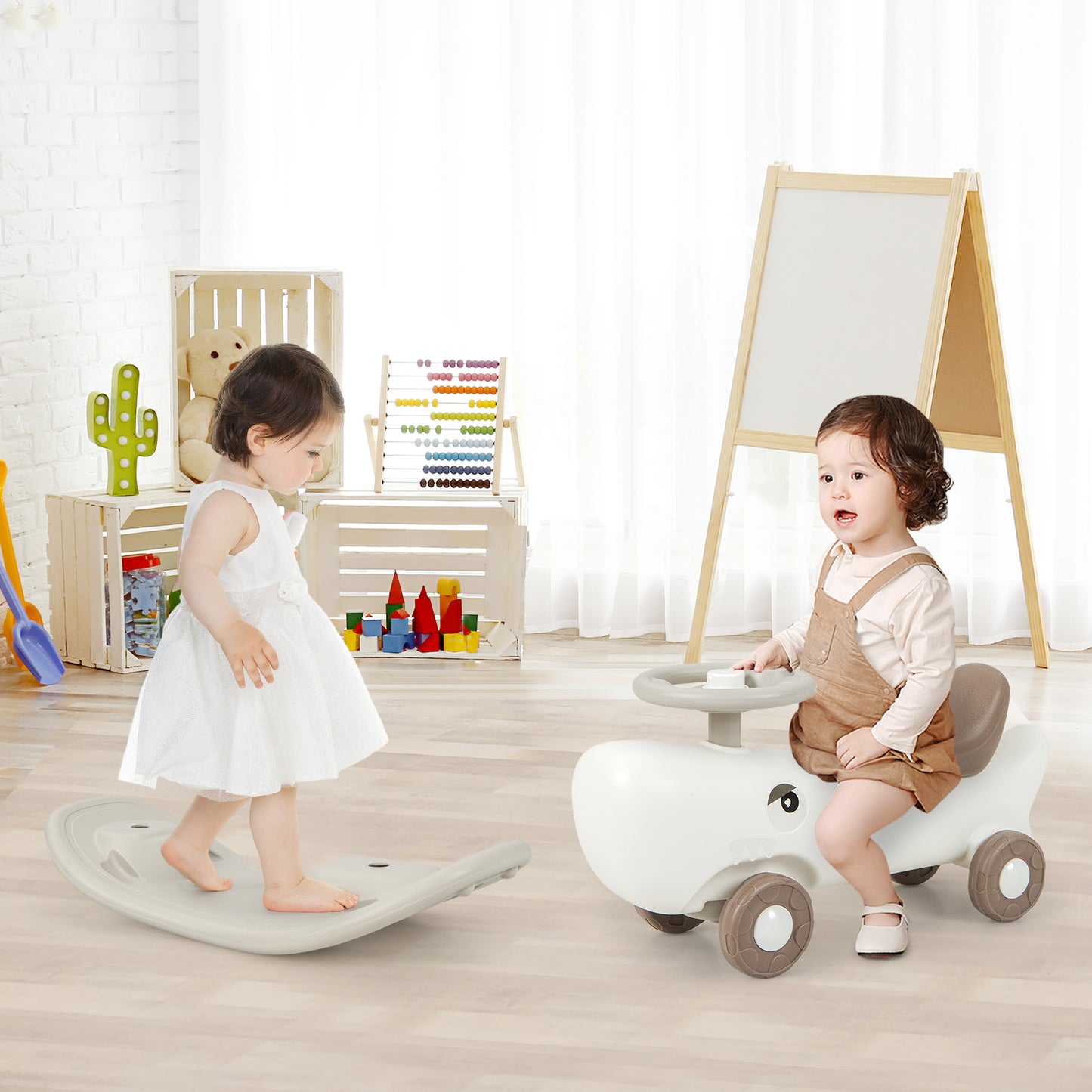 Convertible Rocking Horse and Sliding Car with Detachable Balance Board-White Kids Crystal