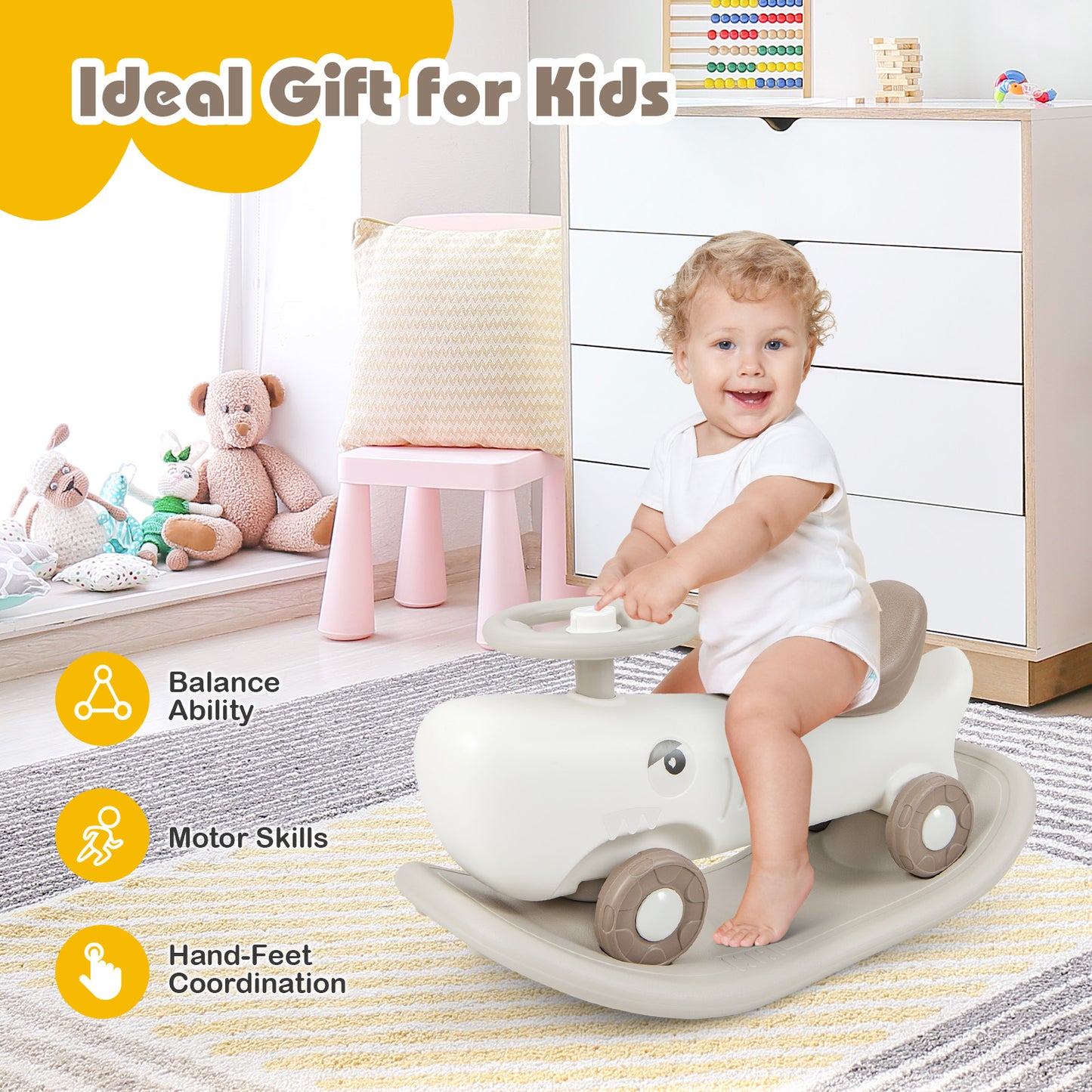 Convertible Rocking Horse and Sliding Car with Detachable Balance Board-White Kids Crystal