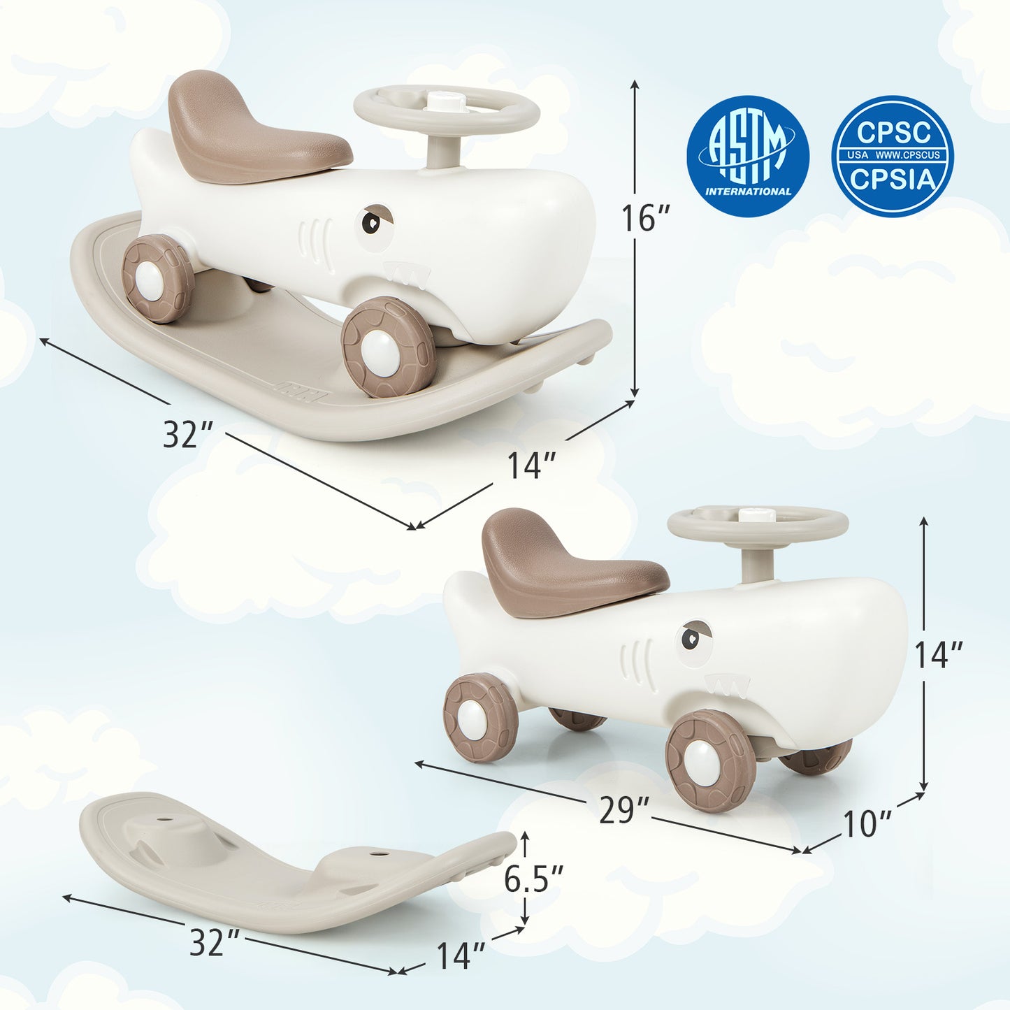 Convertible Rocking Horse and Sliding Car with Detachable Balance Board-White Kids Crystal