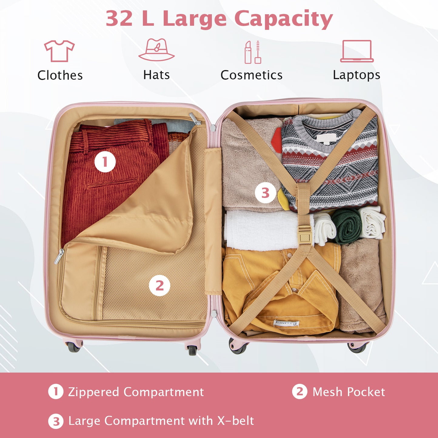 Hardside Luggage with Spinner Wheels with TSA Lock and Height Adjustable Handle-Pink Kids Crystal