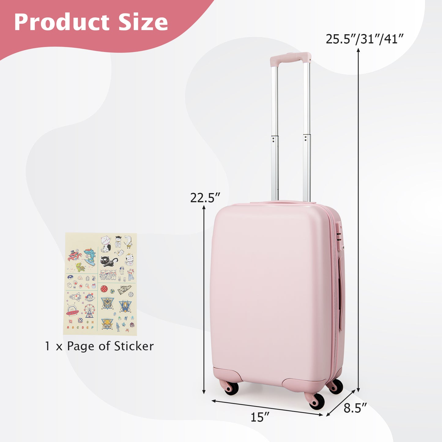 Hardside Luggage with Spinner Wheels with TSA Lock and Height Adjustable Handle-Pink Kids Crystal