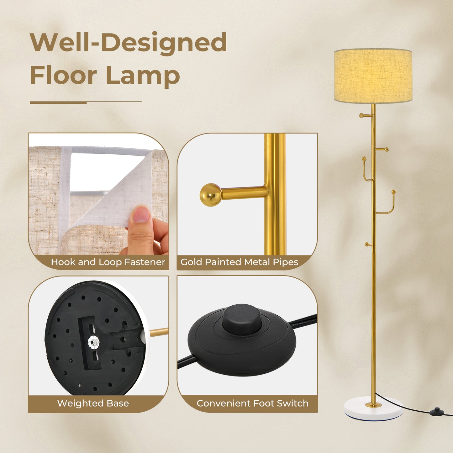 Freestanding Tall Pole Lamp with 5 Hooks and Sturdy Weighted Base Kids Crystal