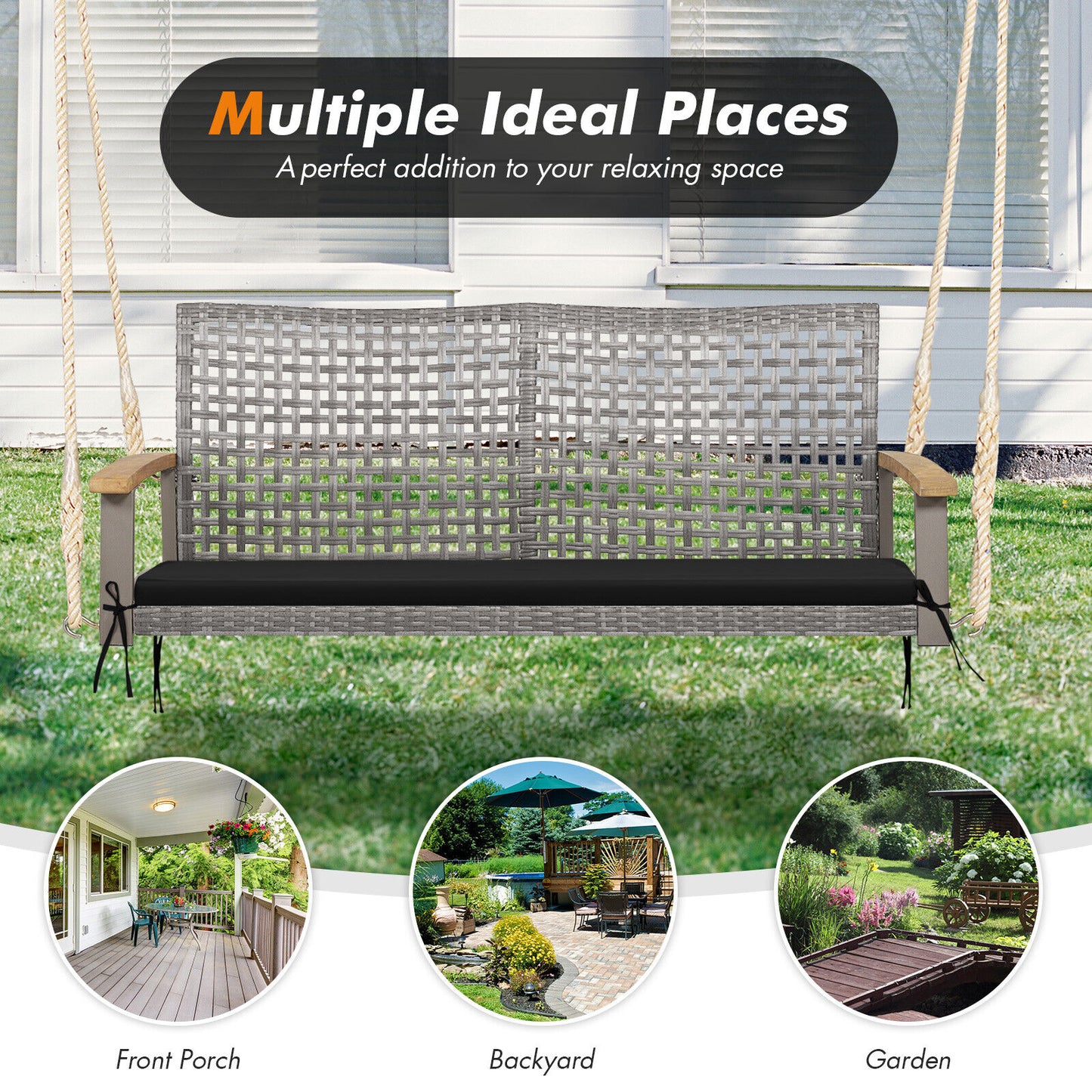 2-Person Patio Wicker Hanging Swing Chair-Black Kids Crystal