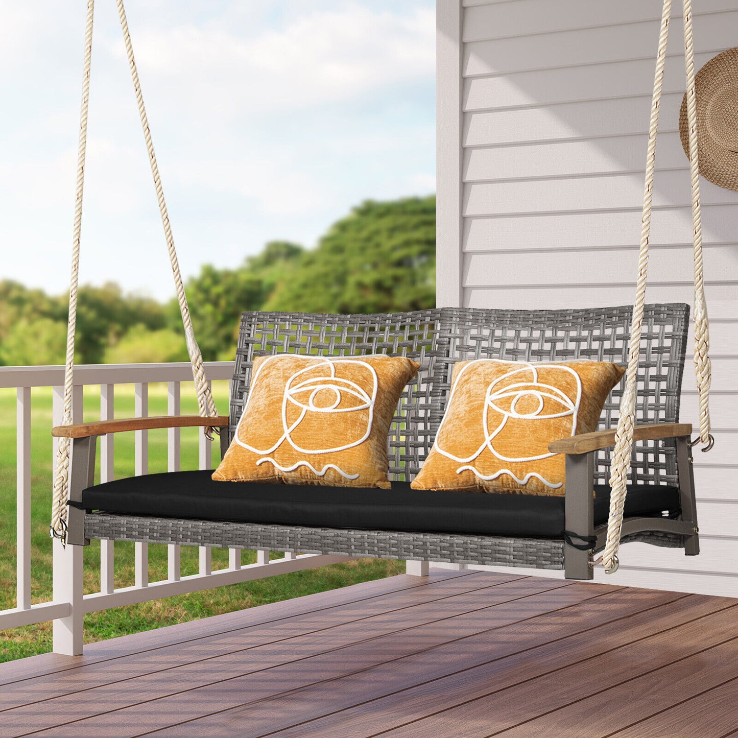 2-Person Patio Wicker Hanging Swing Chair-Black Kids Crystal