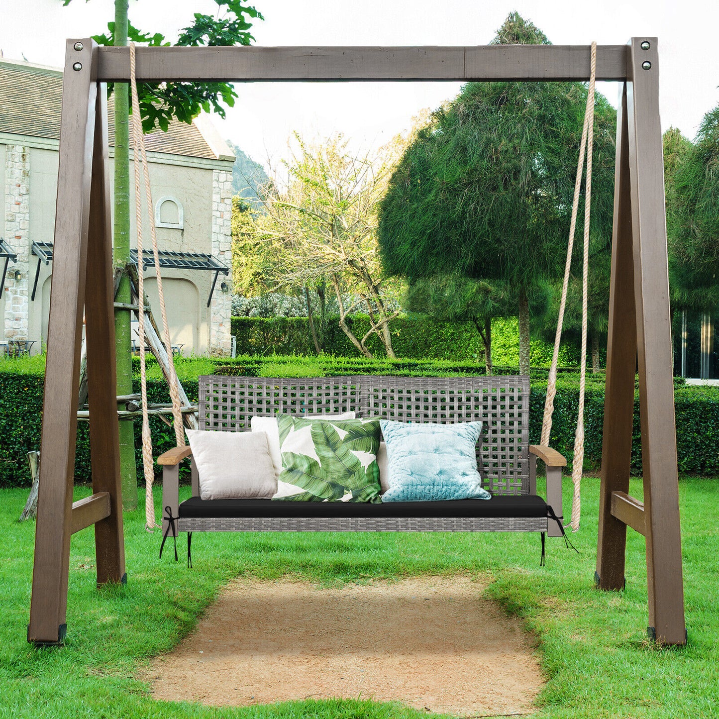 2-Person Patio Wicker Hanging Swing Chair-Black Kids Crystal