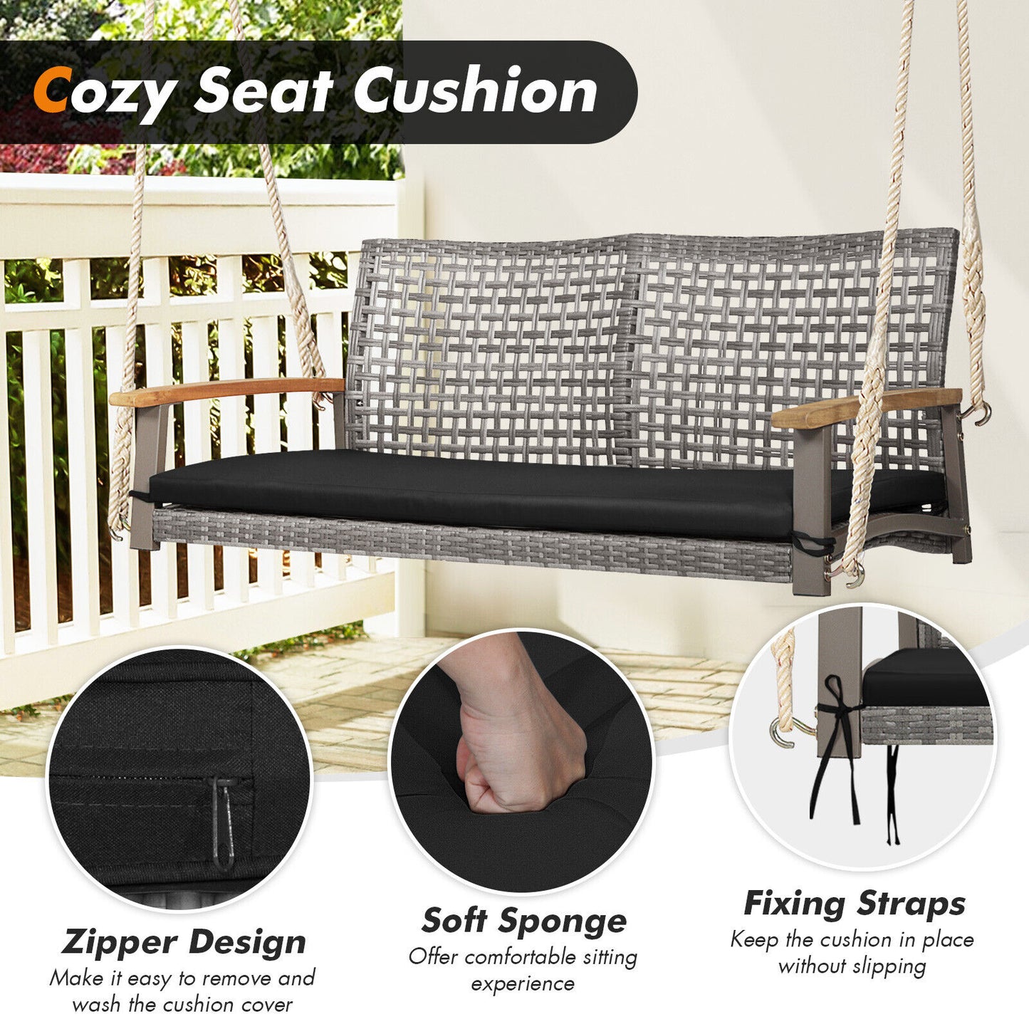 2-Person Patio Wicker Hanging Swing Chair-Black Kids Crystal