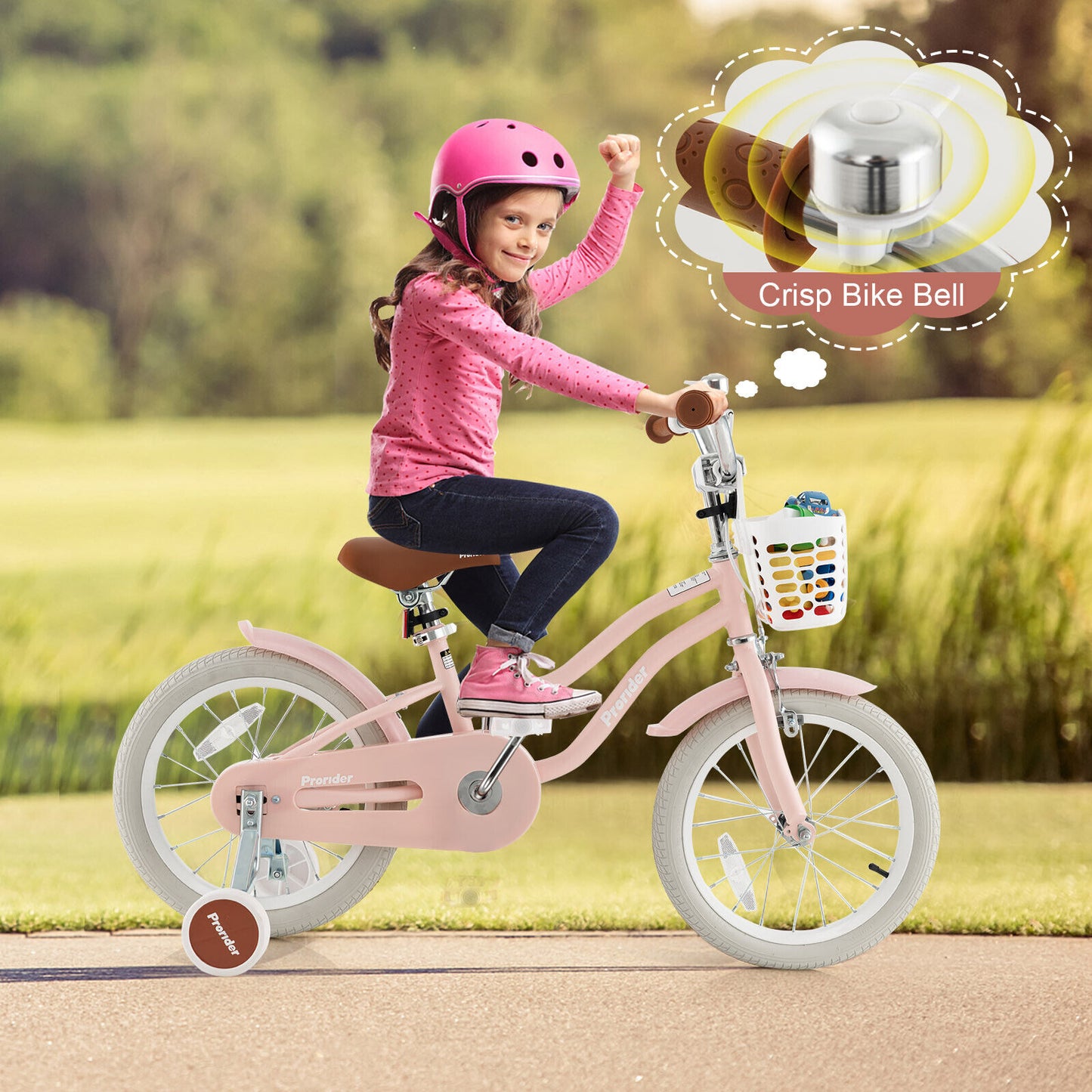 16 Inch Kids Bike with Front Handbrake and 2 Training Wheels-Pink Kids Crystal