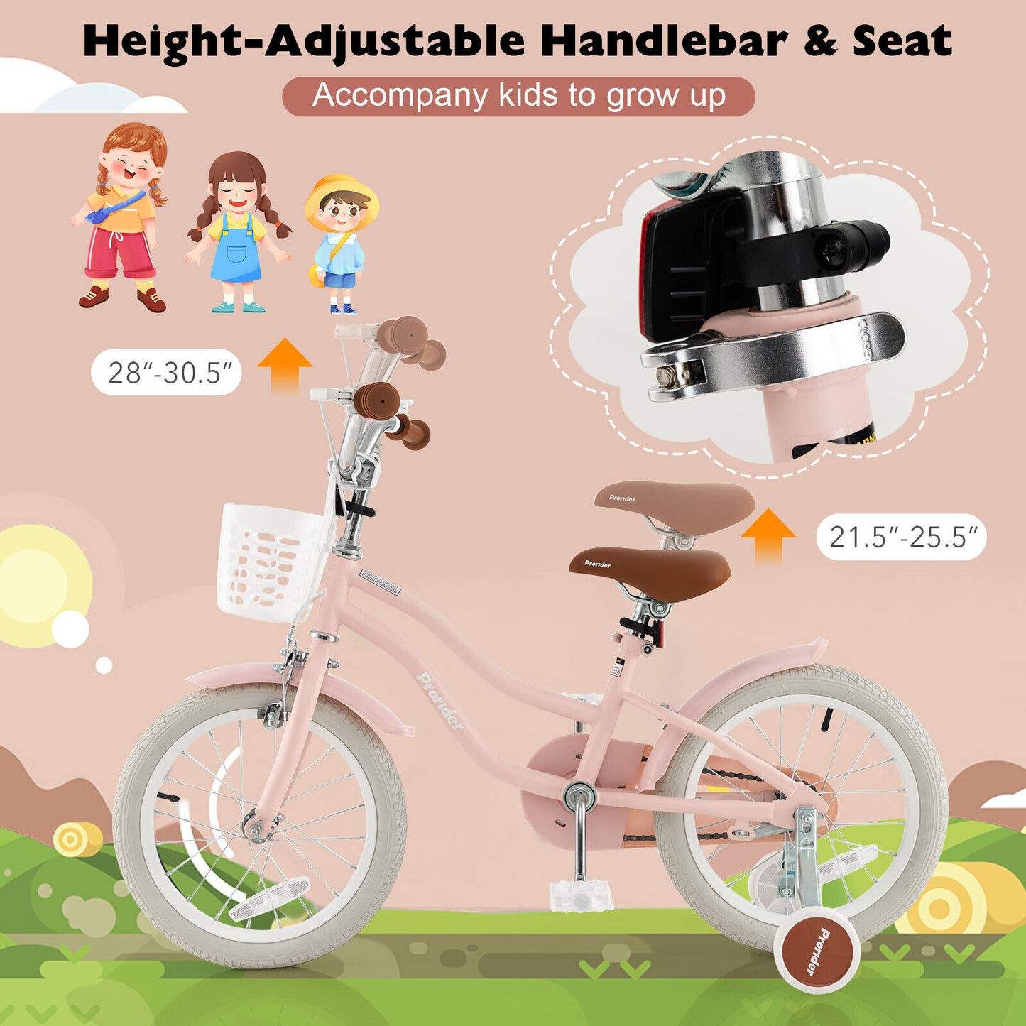 16 Inch Kids Bike with Front Handbrake and 2 Training Wheels-Pink Kids Crystal