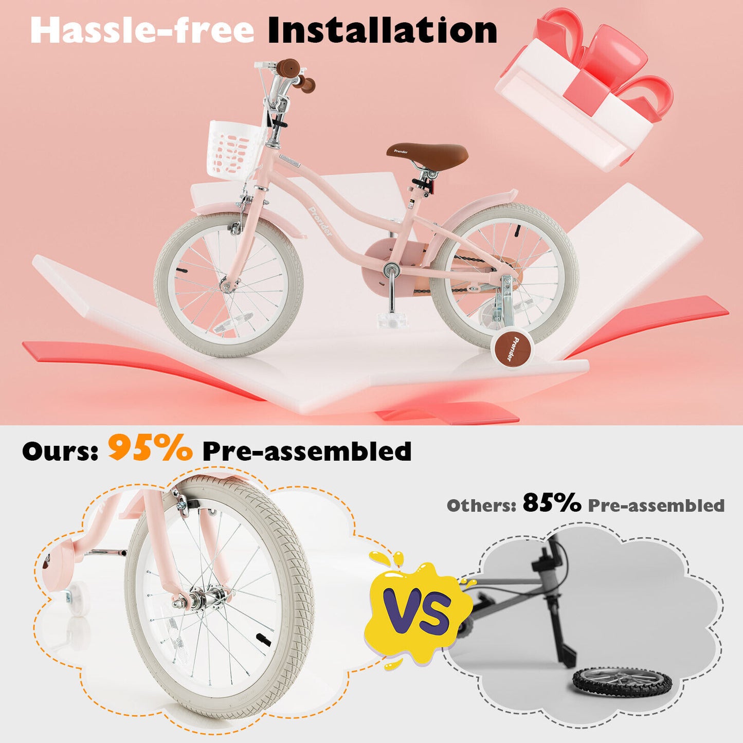 16 Inch Kids Bike with Front Handbrake and 2 Training Wheels-Pink Kids Crystal