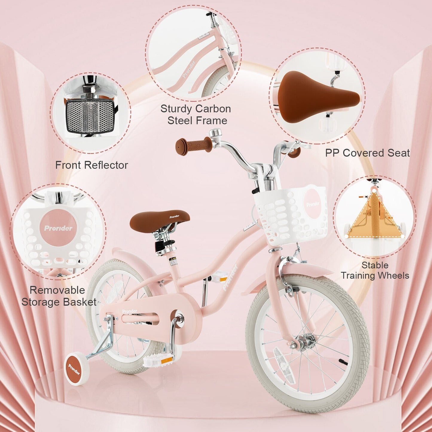 16 Inch Kids Bike with Front Handbrake and 2 Training Wheels-Pink Kids Crystal