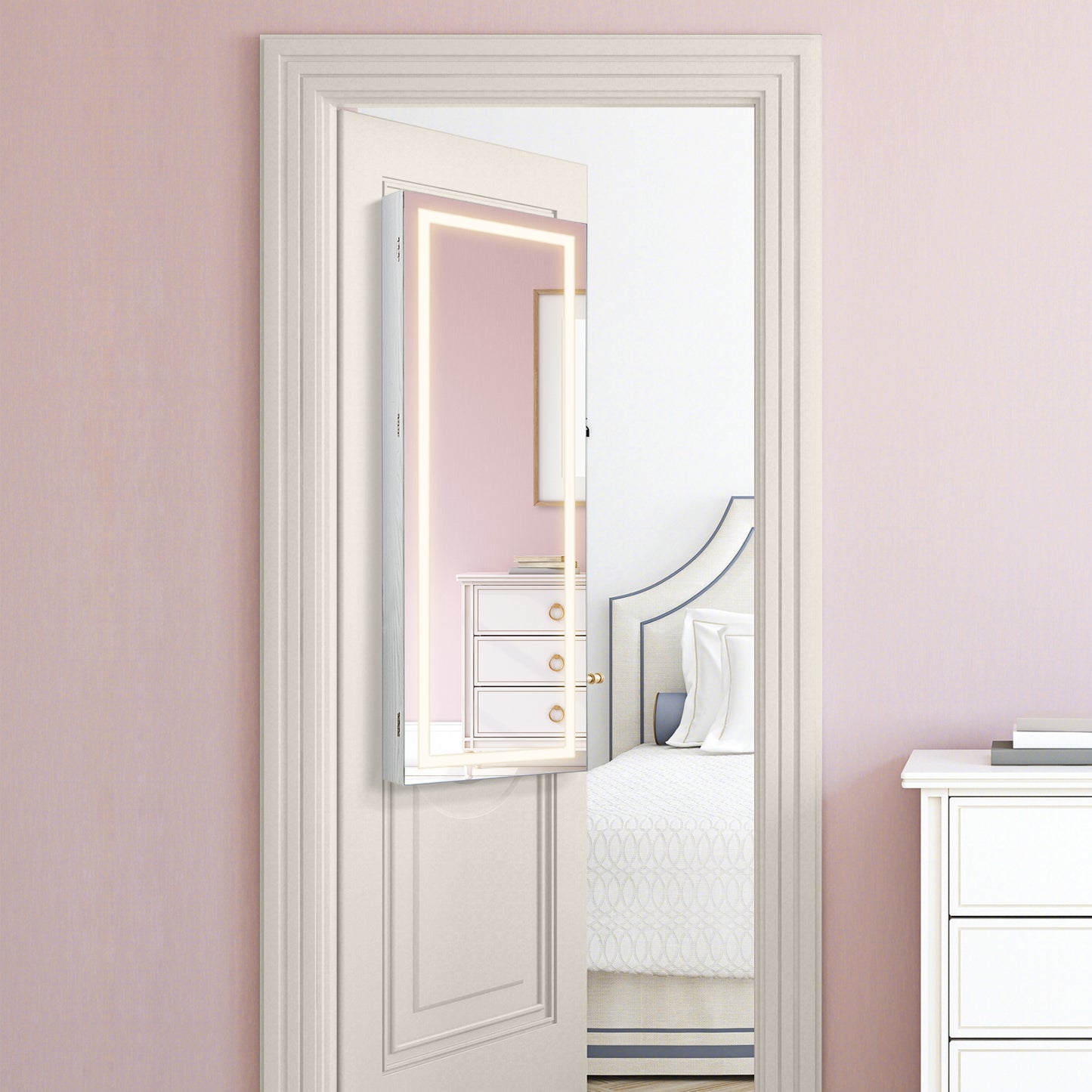 42.5 Inches Lockable Jewelry Mirror Wall Cabinet with 3-Color LED Lights-White Kids Crystal