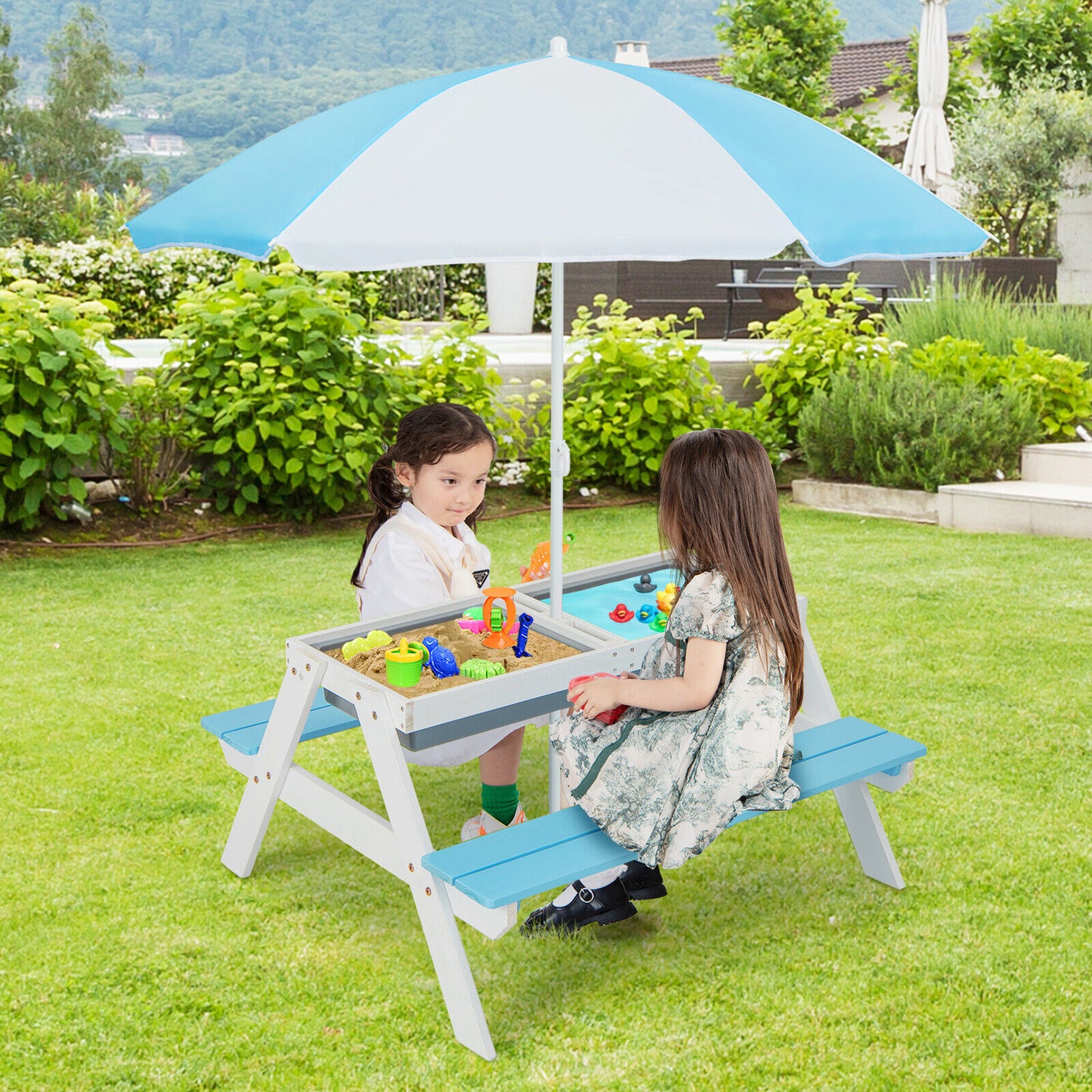 3-in-1 Kids Outdoor Picnic Water Sand Table with Umbrella Play Boxes-Blue Kids Crystal