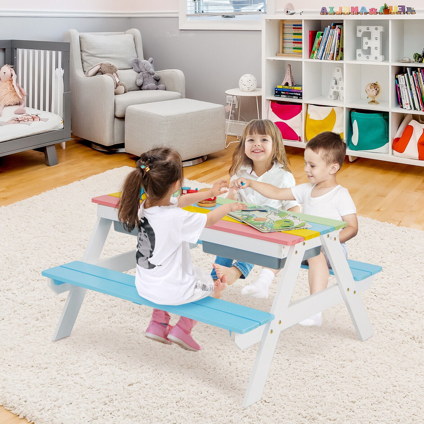 3-in-1 Kids Outdoor Picnic Water Sand Table with Umbrella Play Boxes-Blue Kids Crystal