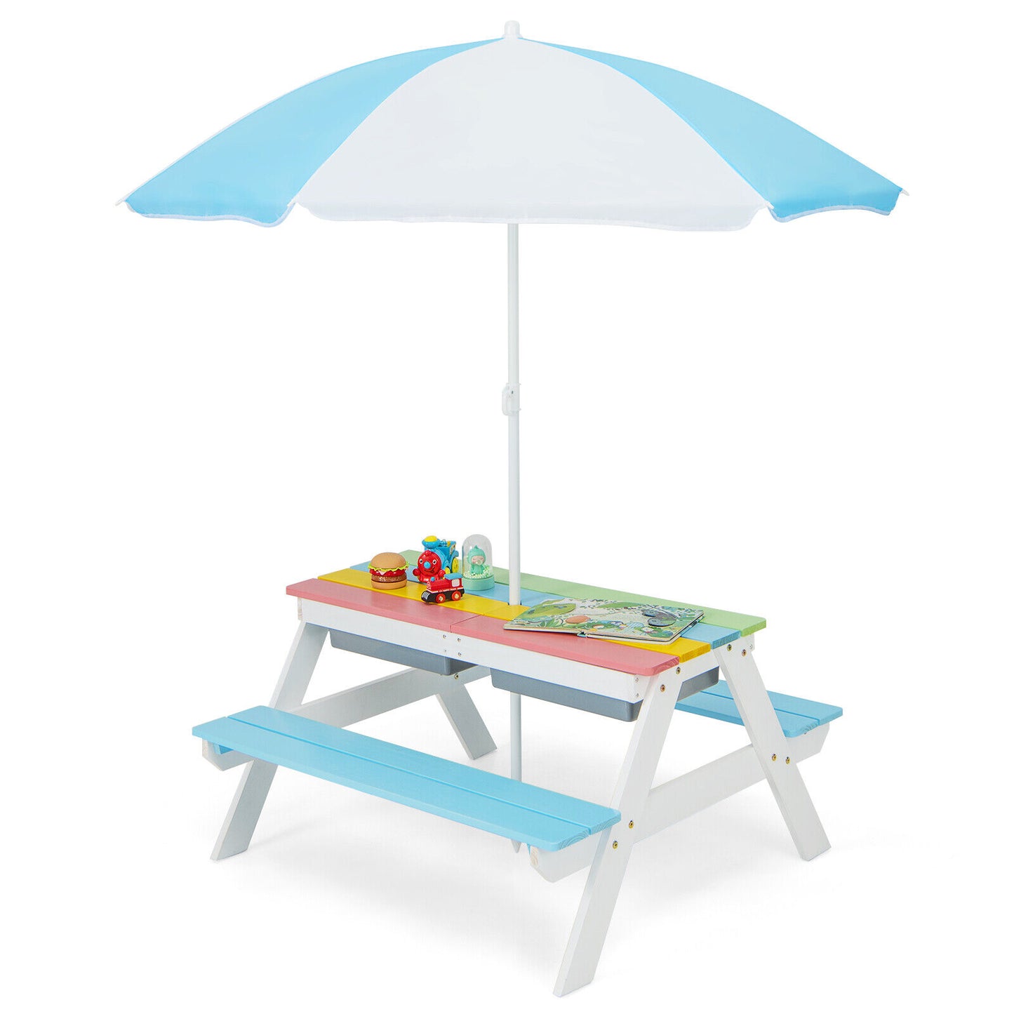 3-in-1 Kids Outdoor Picnic Water Sand Table with Umbrella Play Boxes-Blue Kids Crystal