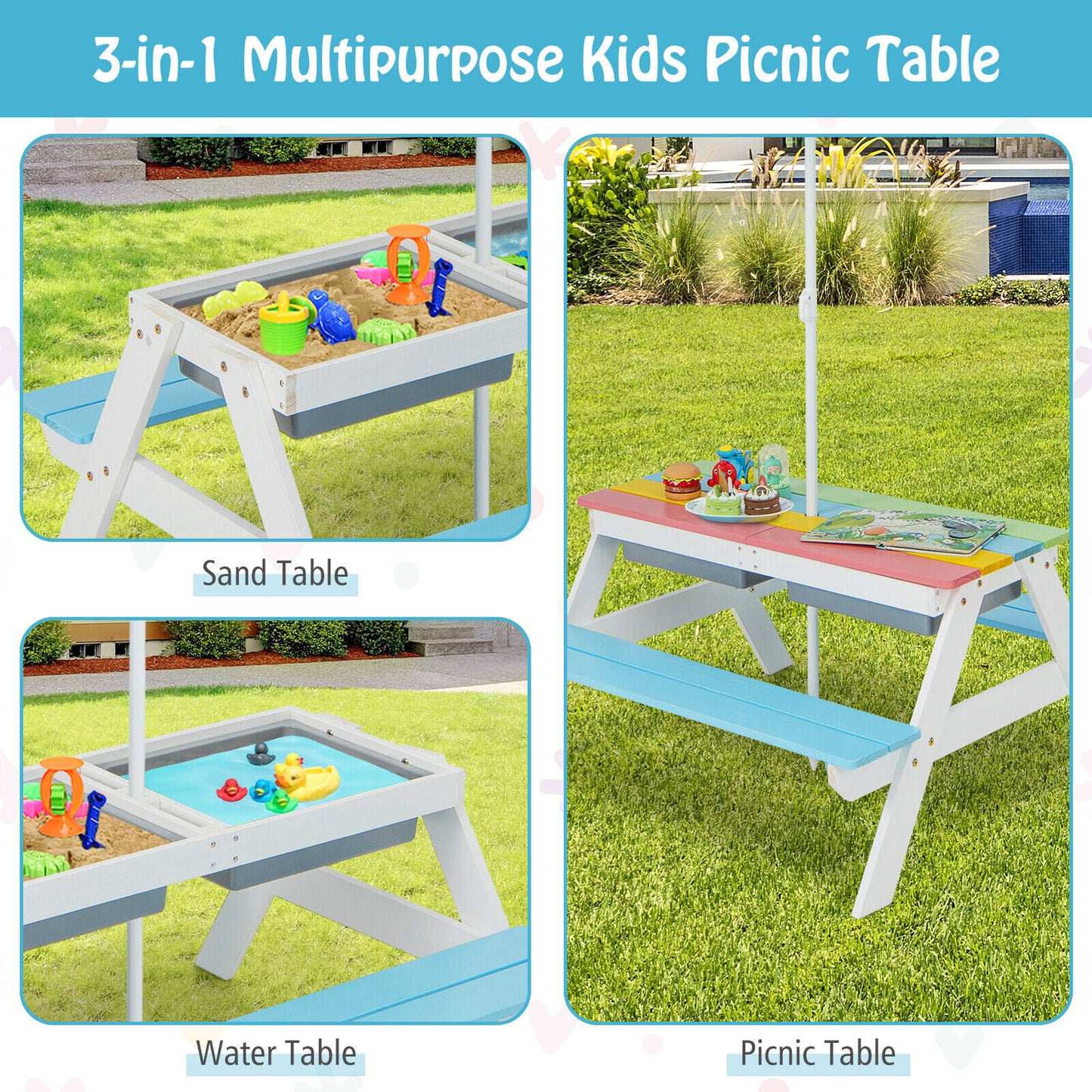 3-in-1 Kids Outdoor Picnic Water Sand Table with Umbrella Play Boxes-Blue Kids Crystal