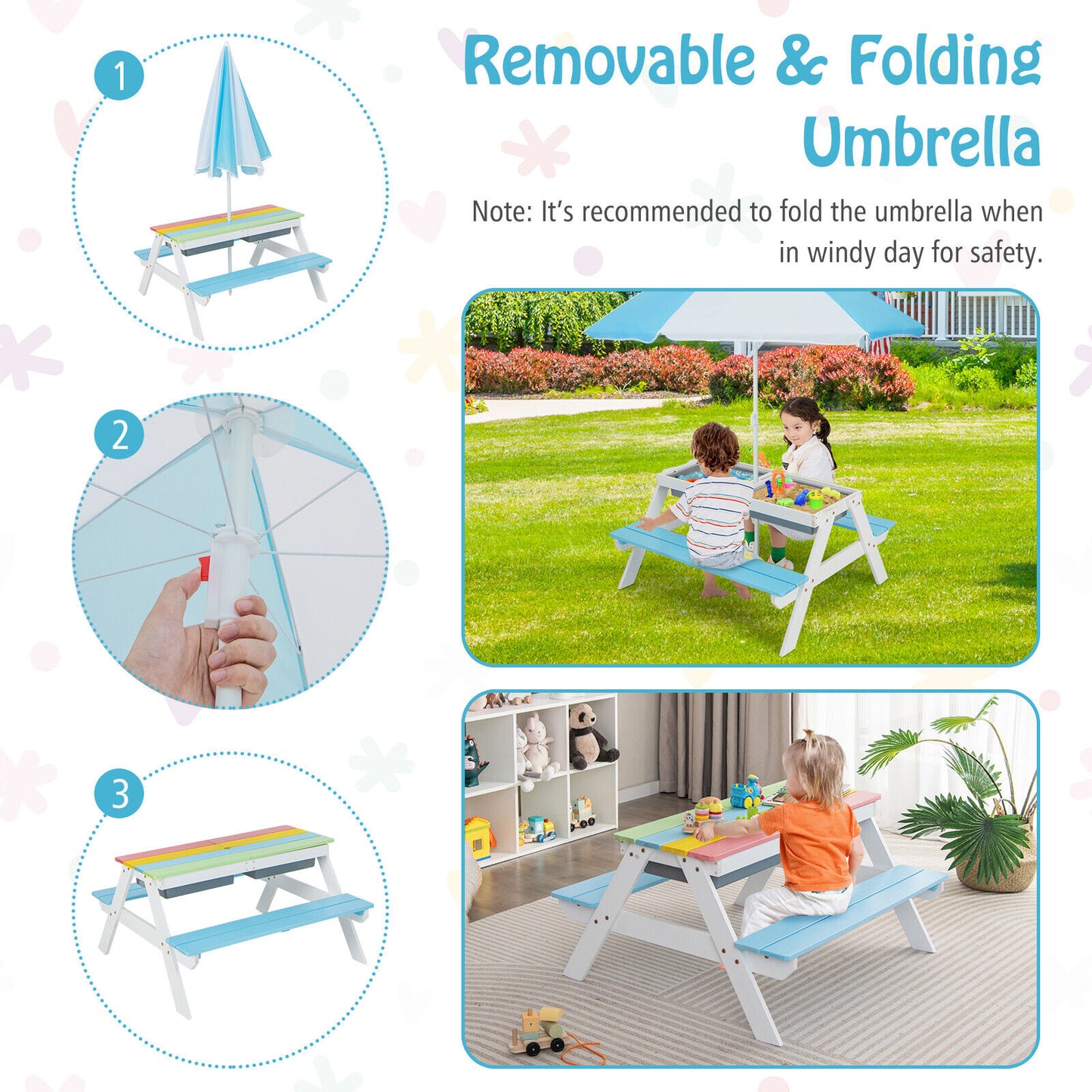 3-in-1 Kids Outdoor Picnic Water Sand Table with Umbrella Play Boxes-Blue Kids Crystal