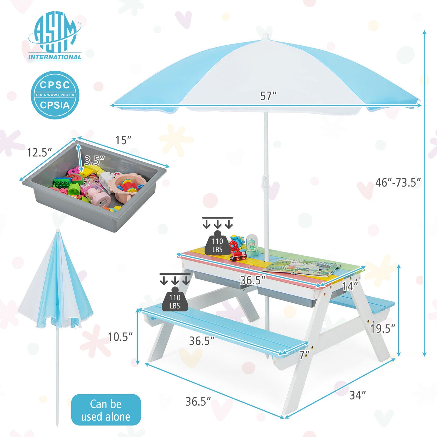 3-in-1 Kids Outdoor Picnic Water Sand Table with Umbrella Play Boxes-Blue Kids Crystal