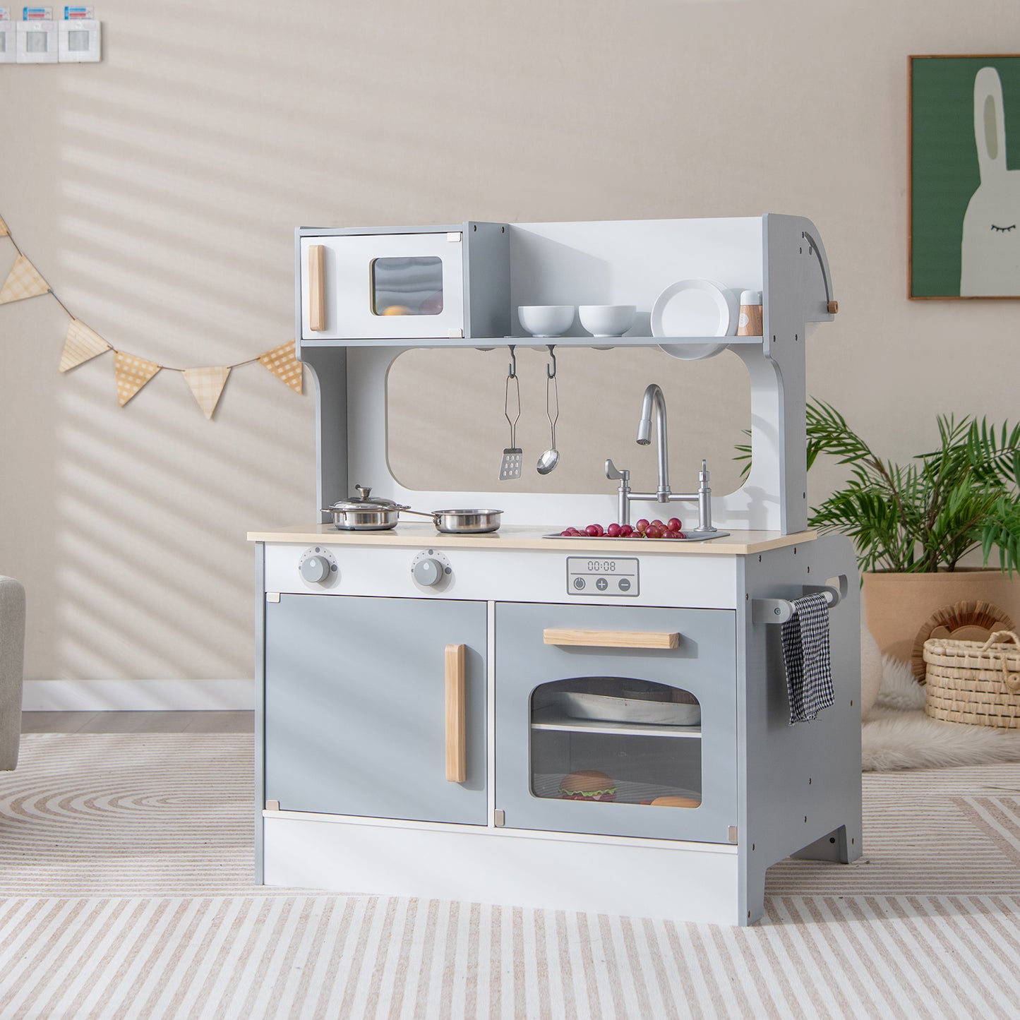 Double Sided Kids Pretend Kitchen Playset with 2-Seat Cafe-Gray Kids Crystal