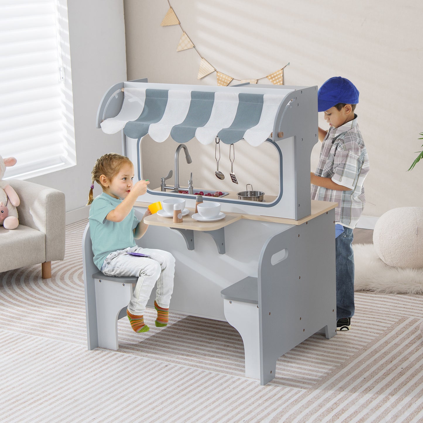 Double Sided Kids Pretend Kitchen Playset with 2-Seat Cafe-Gray Kids Crystal